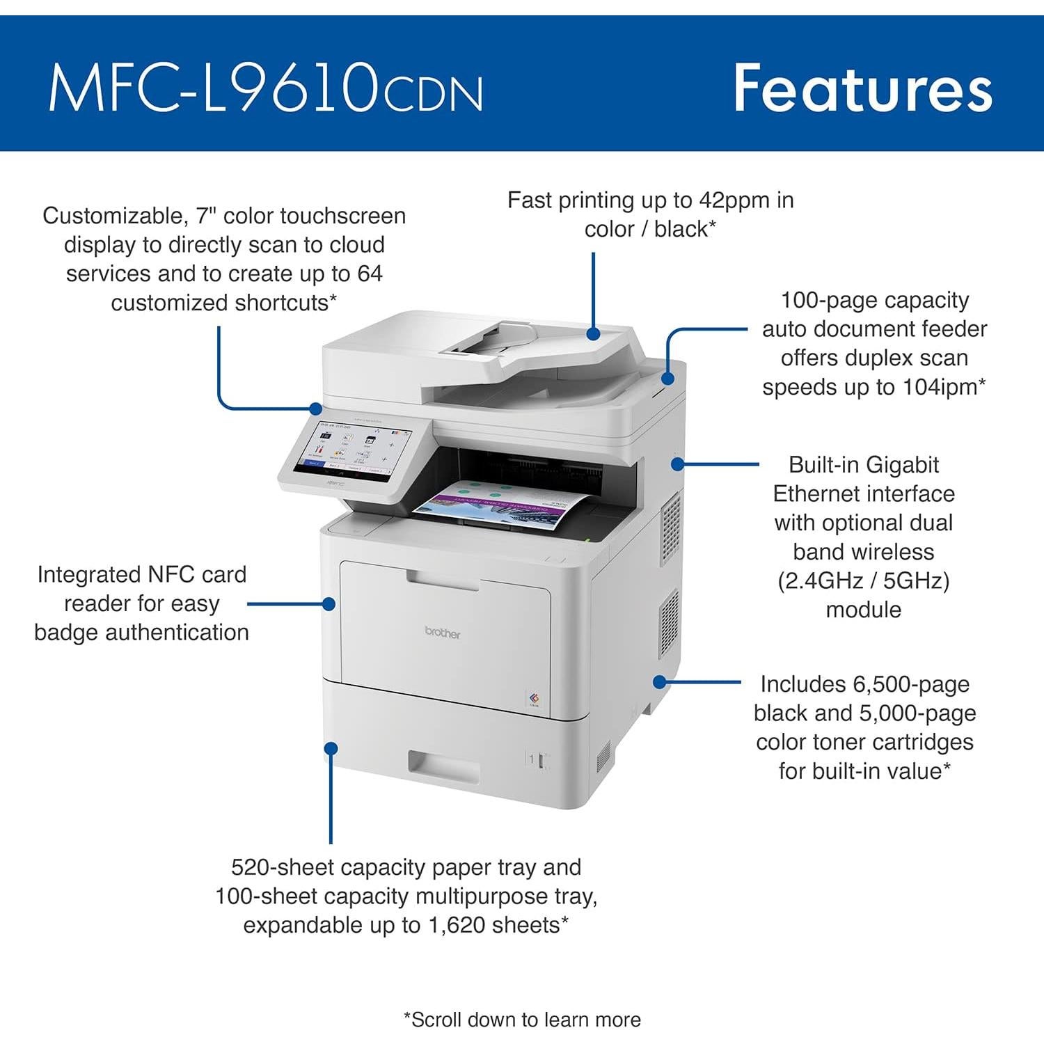 MFC‐L9610CDN Enterprise Color Laser All‐in‐One Printer with Fast Printing, Large Paper Capacity, and Advanced Security Features, White