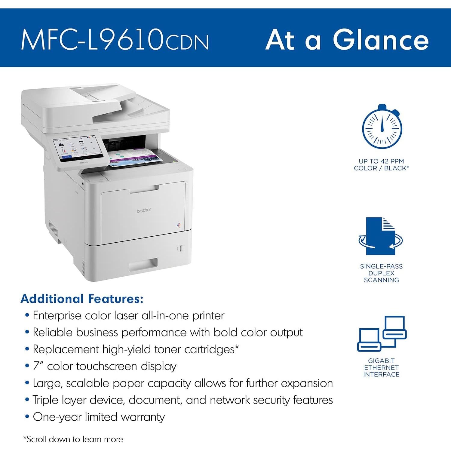 MFC‐L9610CDN Enterprise Color Laser All‐in‐One Printer with Fast Printing, Large Paper Capacity, and Advanced Security Features, White