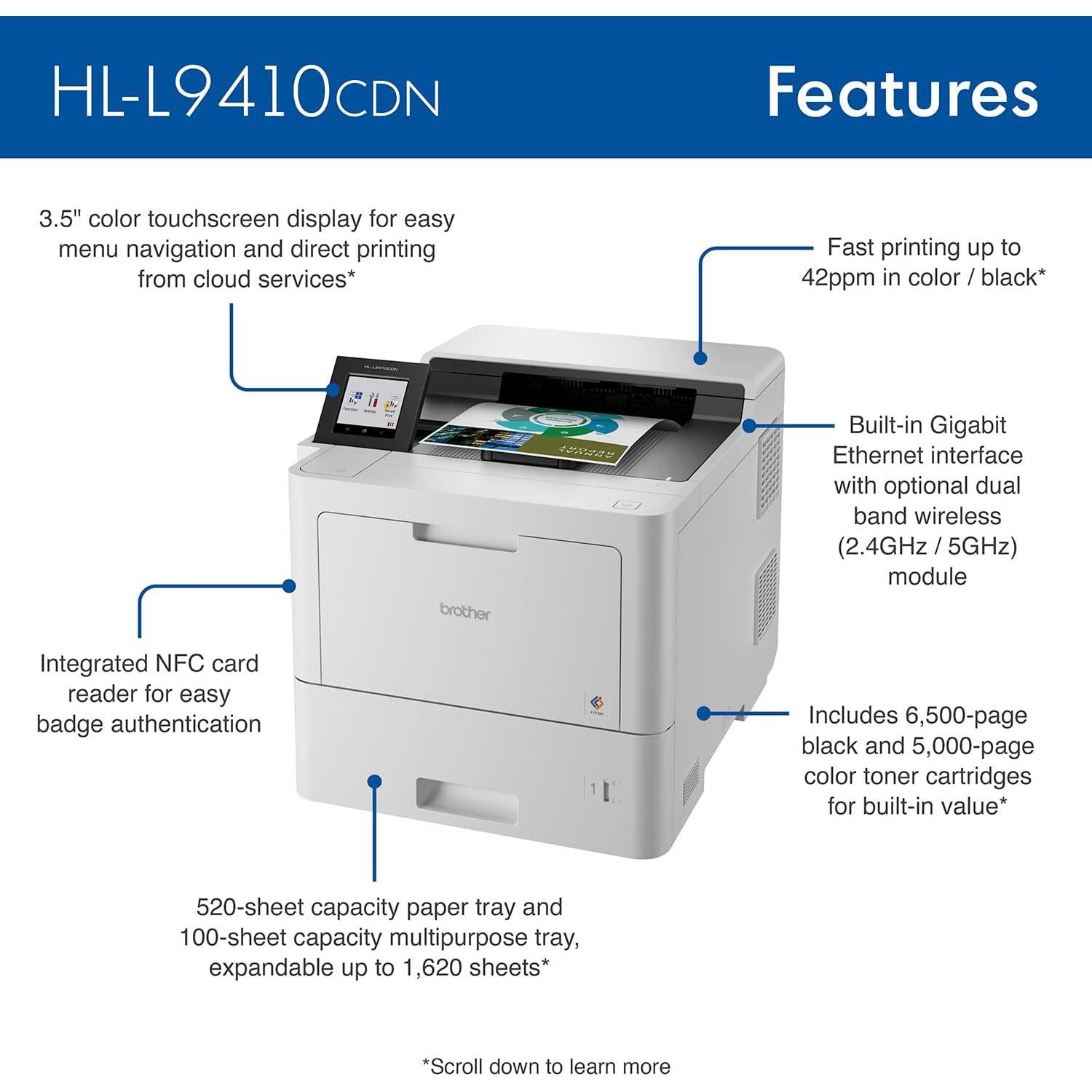 HL‐L9410CDN Enterprise Color Laser Printer with Fast Printing, Large Paper Capacity, and Advanced Security Features, White
