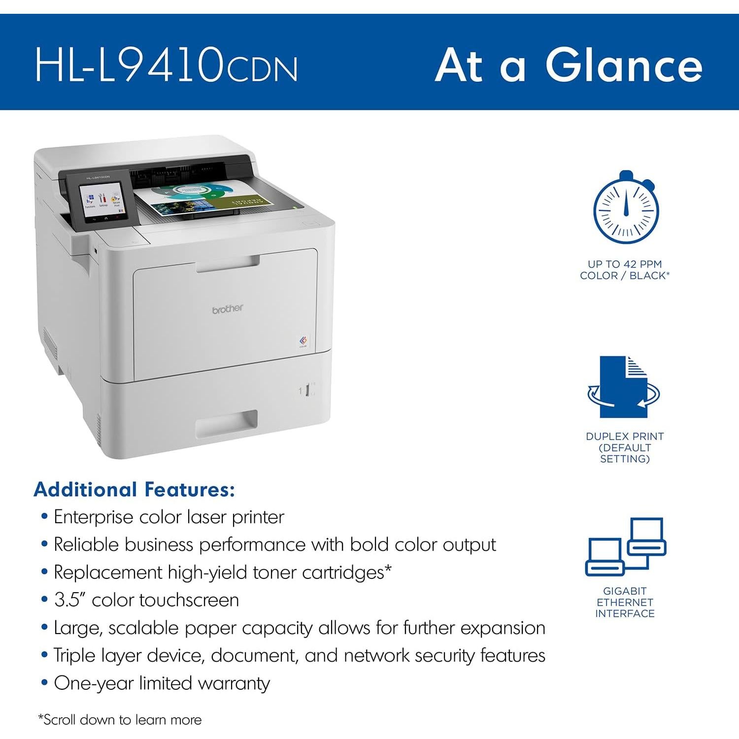 HL‐L9410CDN Enterprise Color Laser Printer with Fast Printing, Large Paper Capacity, and Advanced Security Features, White