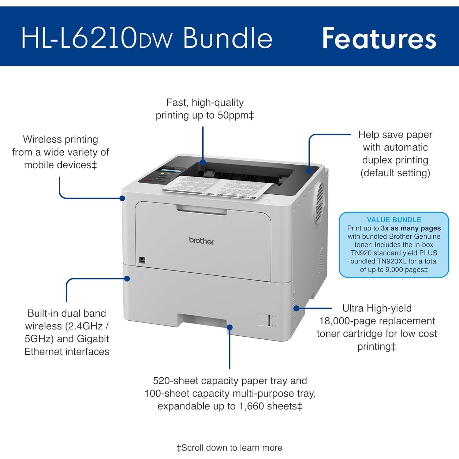 Brother HL-L6210DW Business Monochrome Laser Printer and TN920XL Genuine Toner Bundle