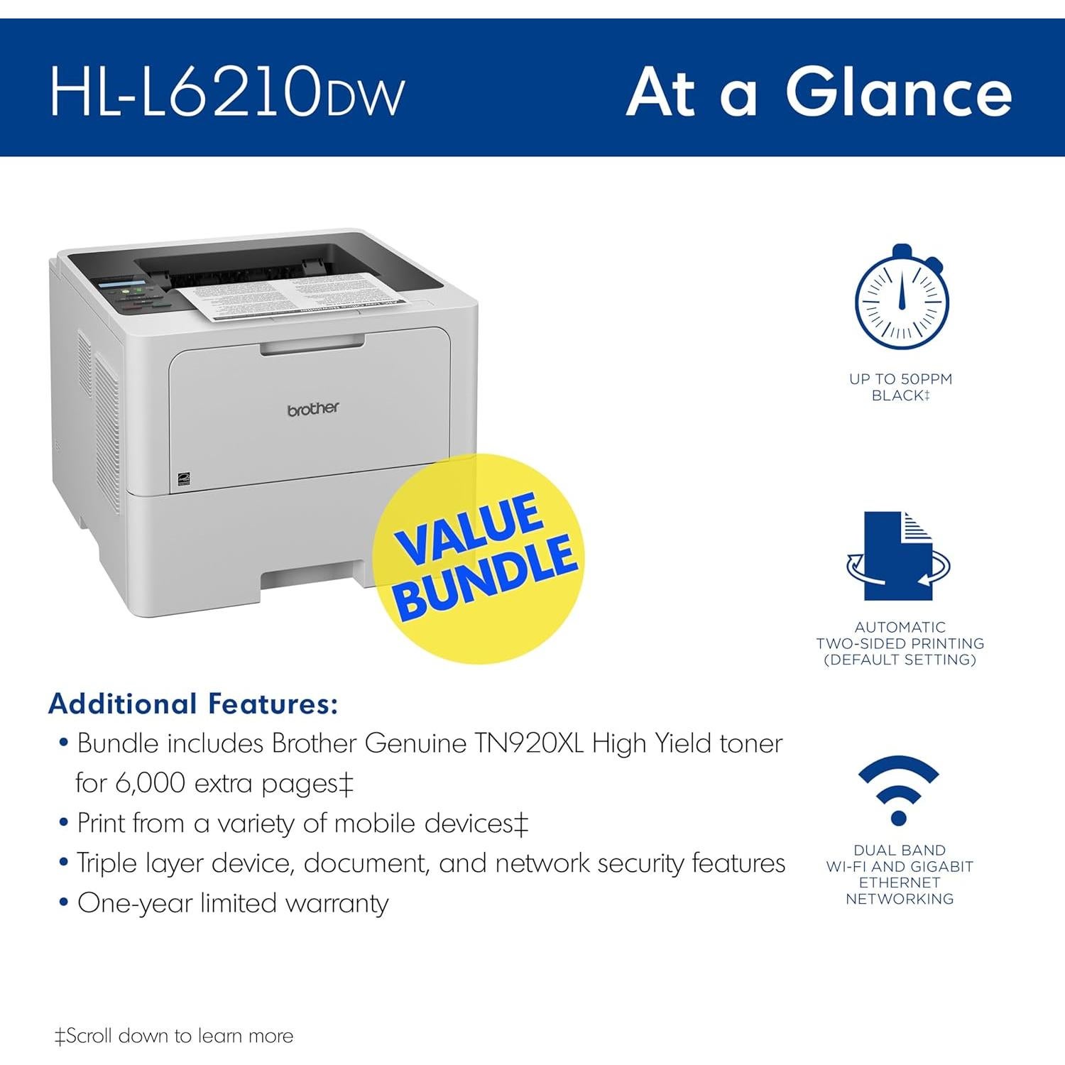 Brother HL-L6210DW Business Monochrome Laser Printer and TN920XL Genuine Toner Bundle