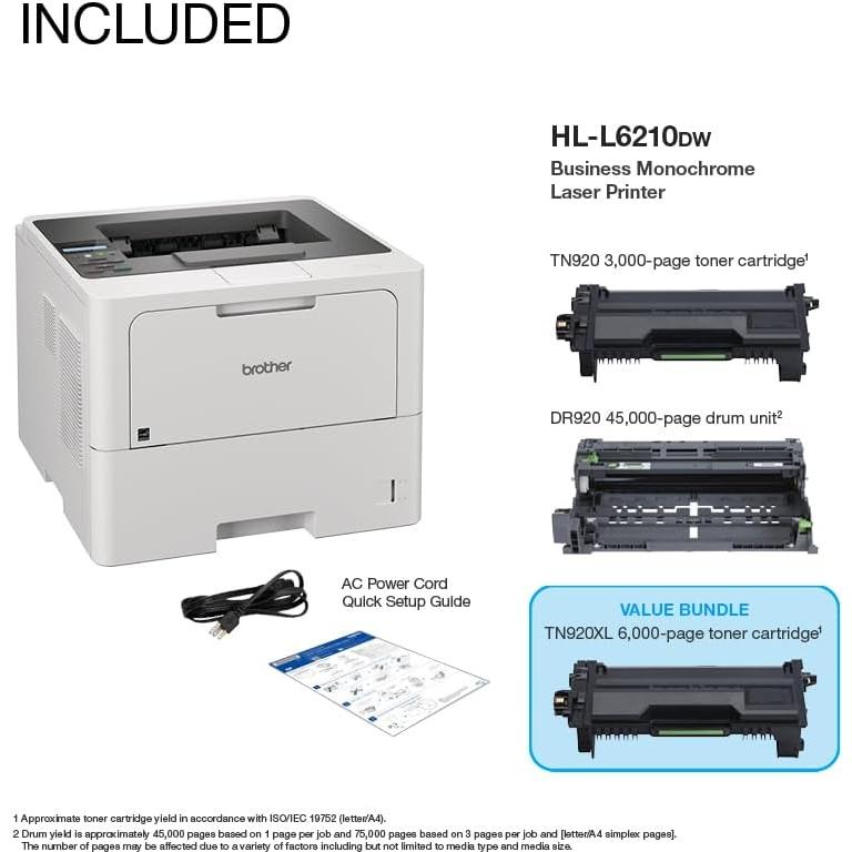 Brother HL-L6210DW Business Monochrome Laser Printer and TN920XL Genuine Toner Bundle