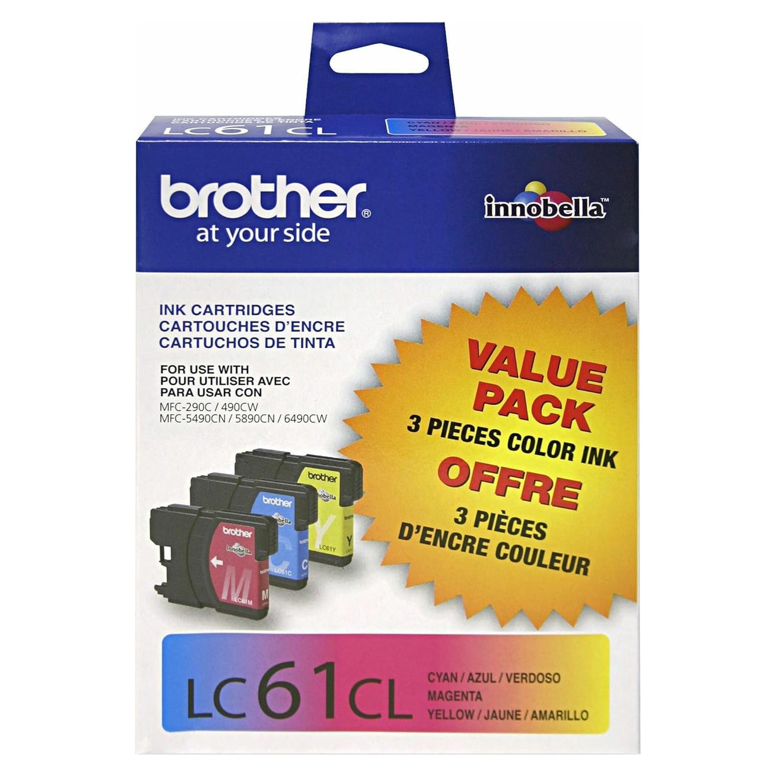 Brother Genuine Standard Yield Color -Ink -Cartridges, LC613PKS, Replacement 3 Pack of Color -Ink, Includes 1-Cartridge Each of Cyan, Magenta & Yellow, Page Yield Up To 325 Pages/ -Cartridge, LC61, Tricolor
