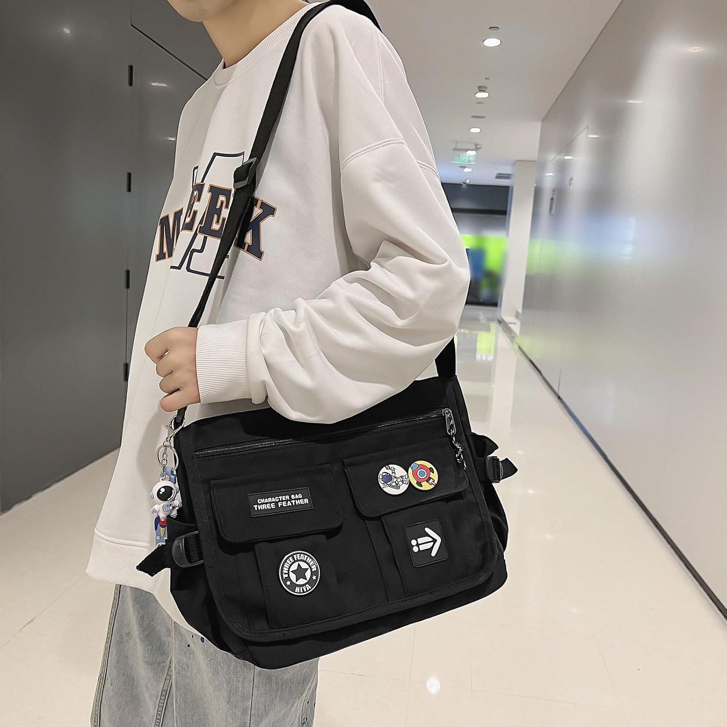 Bolso Cruzado de Nailon My-b14711 Negro con 7 Bolsillos