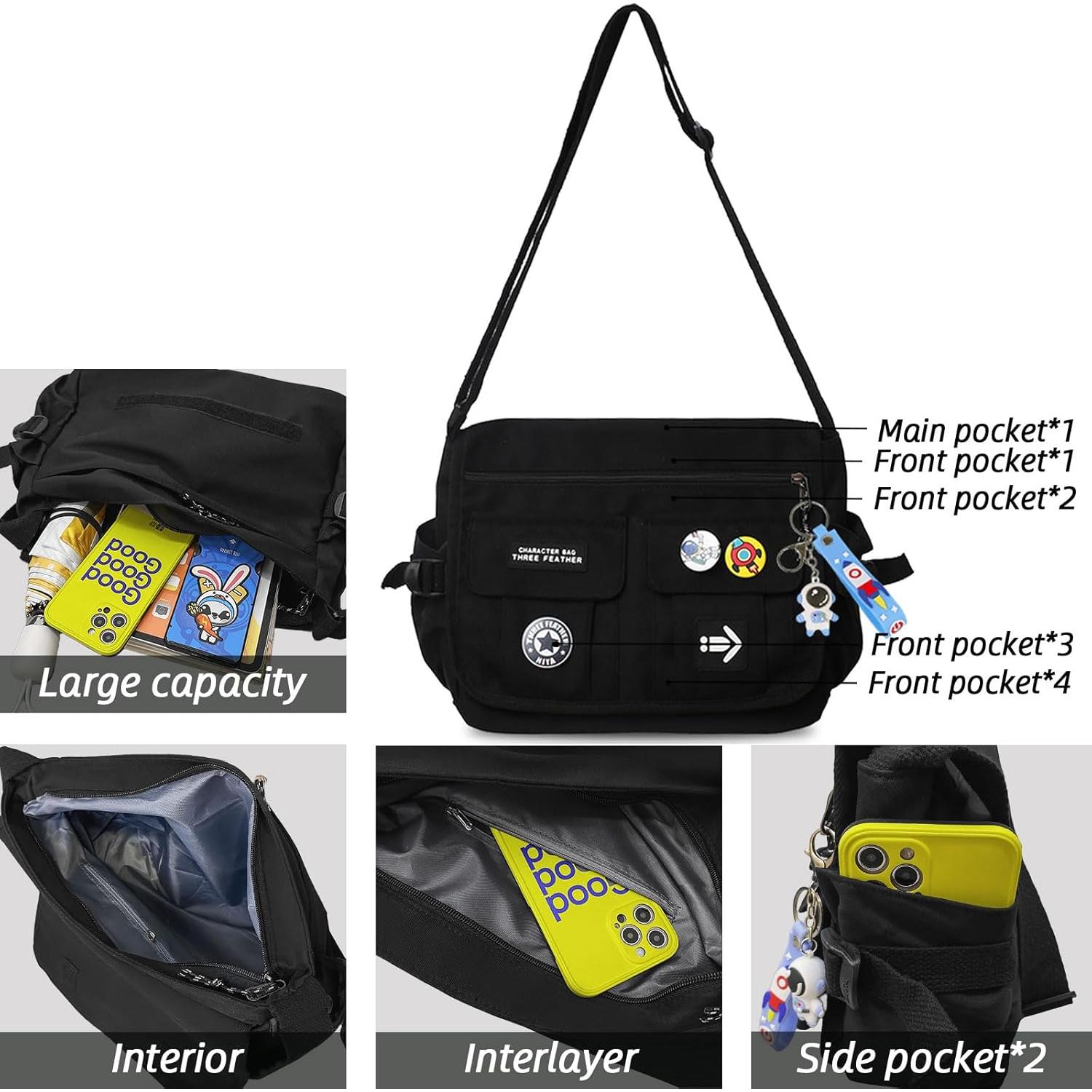 Bolso Cruzado de Nailon My-b14711 Negro con 7 Bolsillos