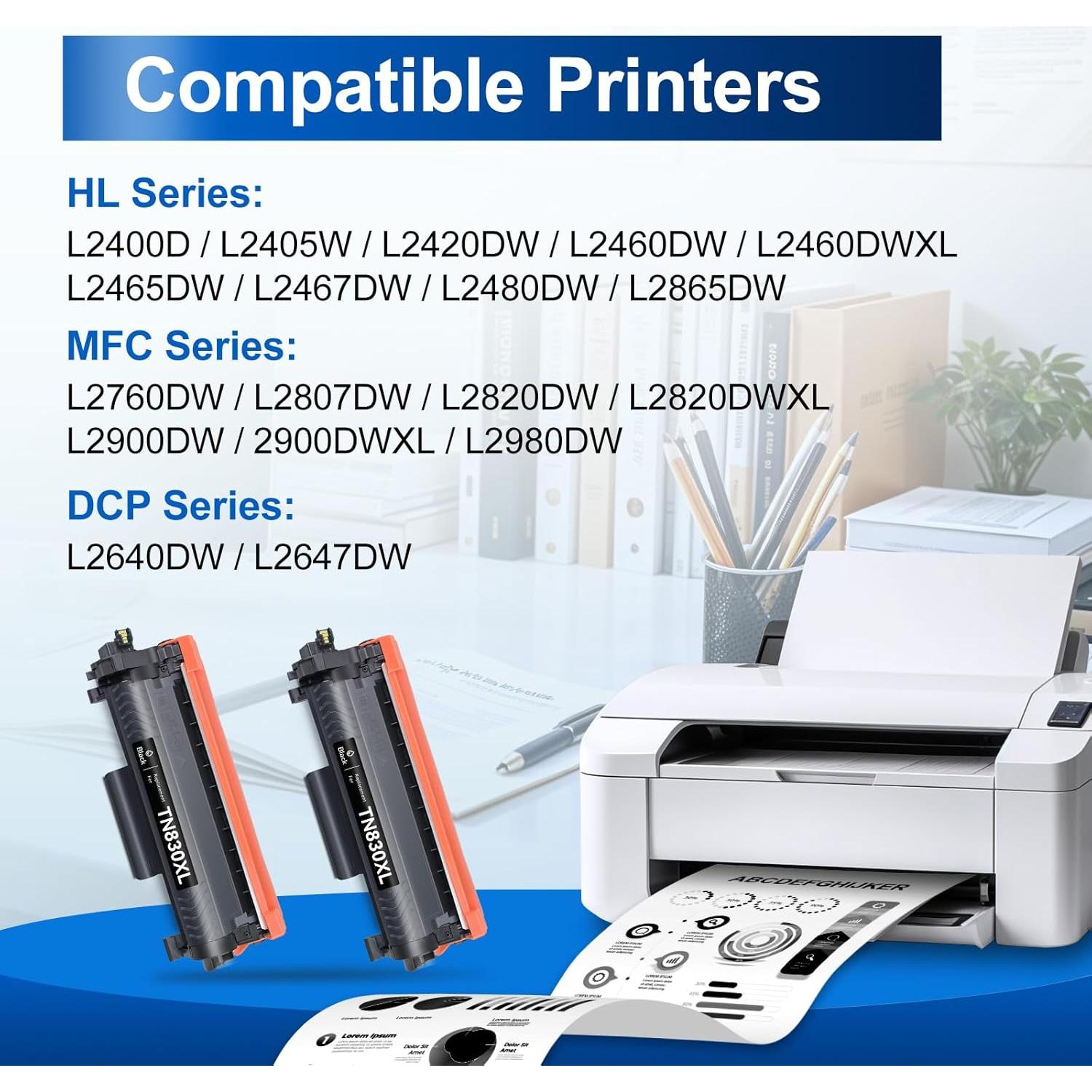 InkNI Compatible Toner Cartridges Replacement for Brother TN830XL TN830 TN 830 XL Toner Cartridges Work for HL-L2460DW DCP-L2640DW HL-L2480DW HL-L2400D HL-L2405W MFC-L2820DW Printer (Black, 2 Pack)