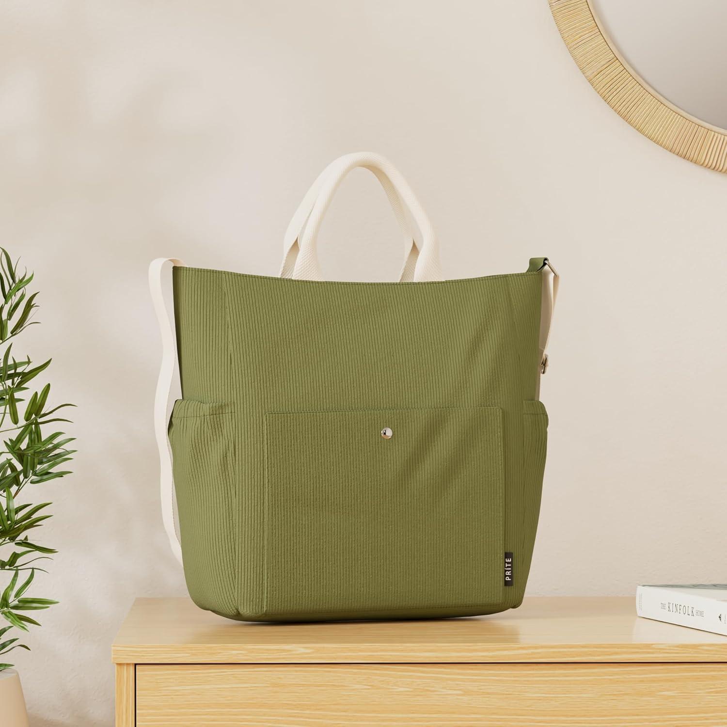 Bolso Tote Prite Verde de Pana Grande para Mujeres