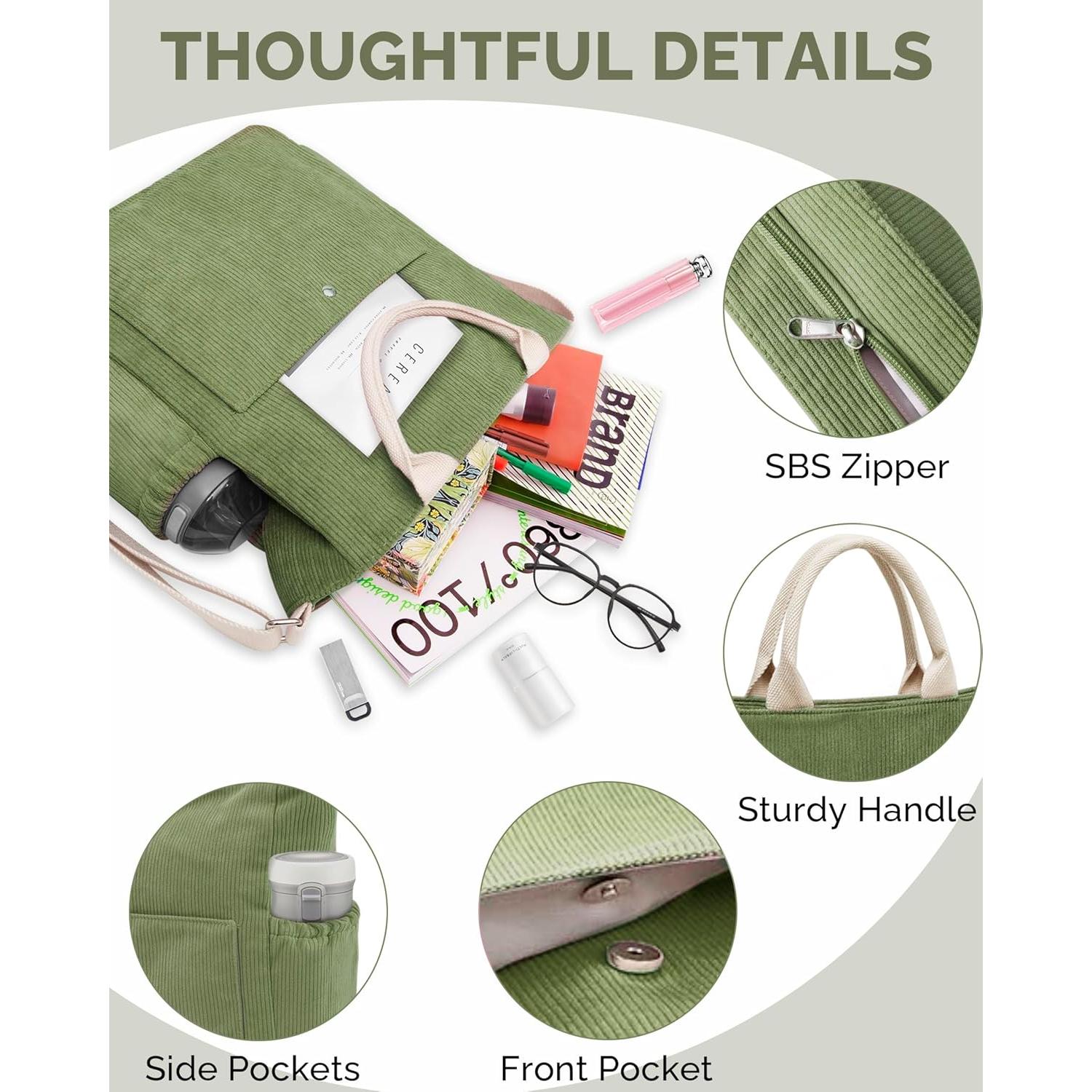 Bolso Tote Prite Verde de Pana Grande para Mujeres