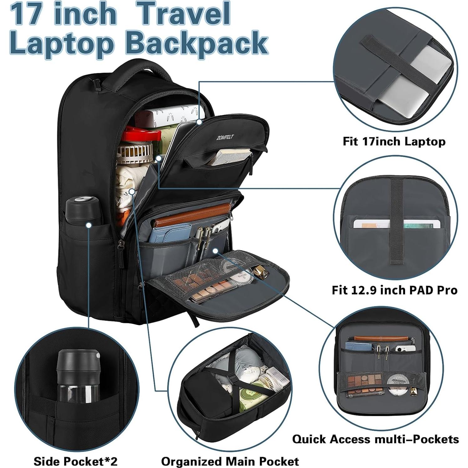 Mochila Rodante ZOMFELT 40L para Laptop 17" y Bolsa de Aseo