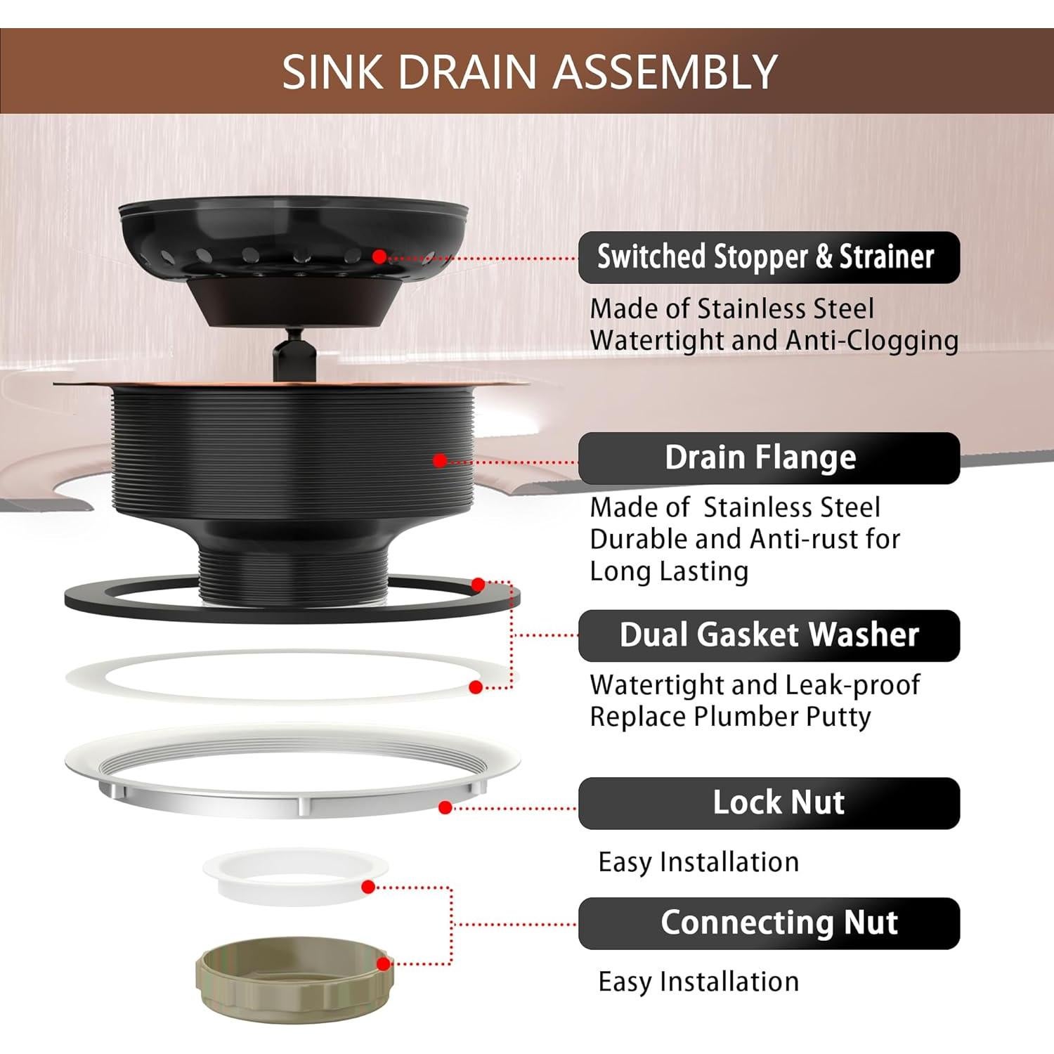 Desagüe de fregadero de cocina Exakey cobre antiguo 8.89 cm