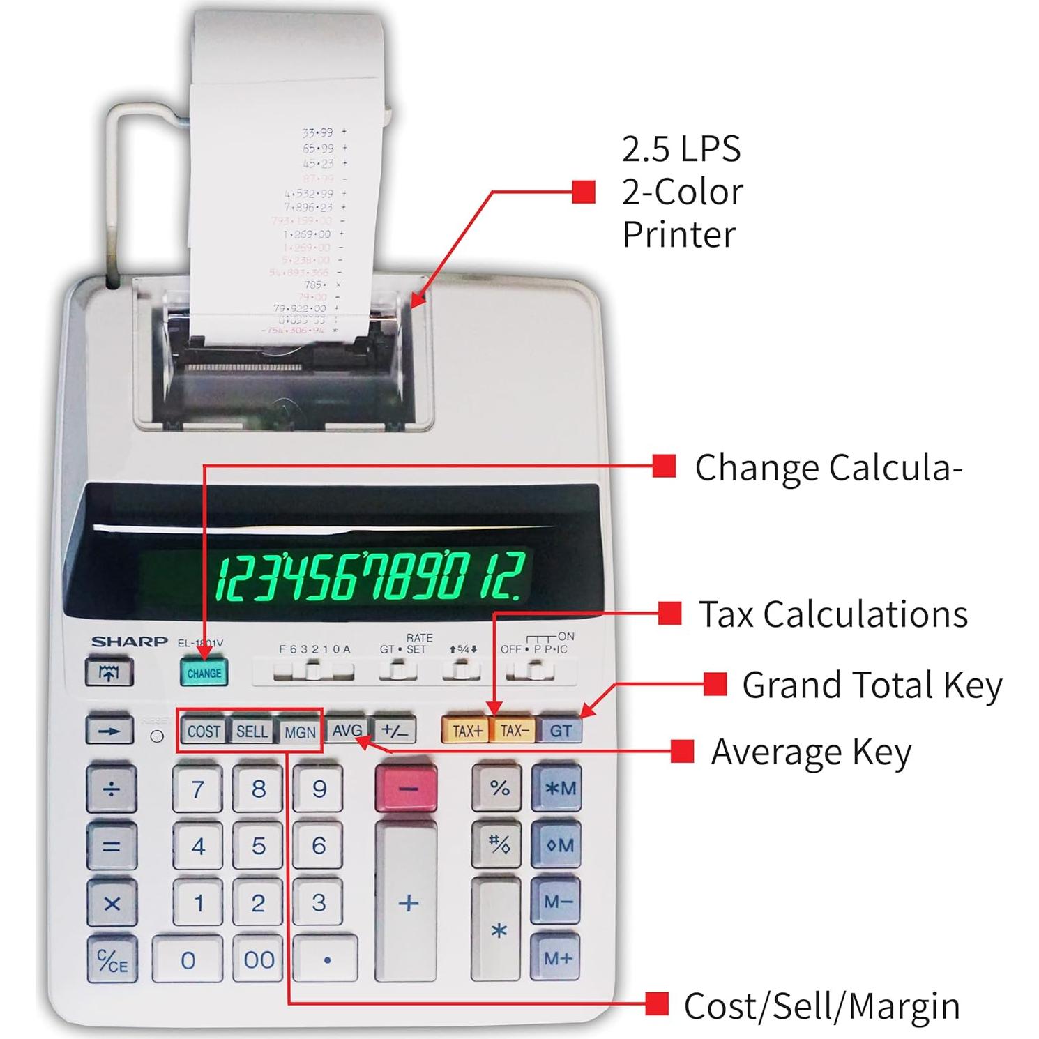 Calculadora de Impresión de Tinta Sharp EL-1801V, Pantalla 12 Dígitos
