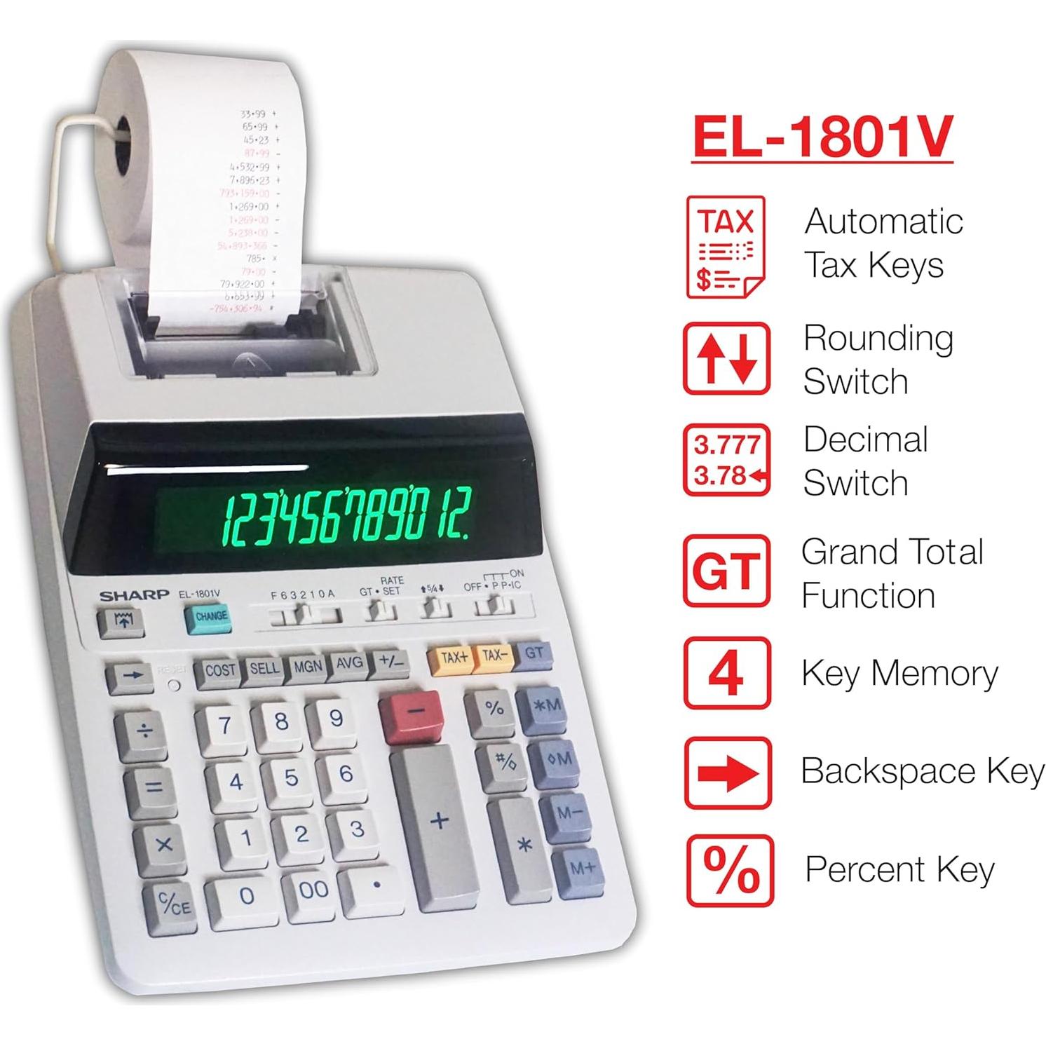 Calculadora de Impresión de Tinta Sharp EL-1801V, Pantalla 12 Dígitos
