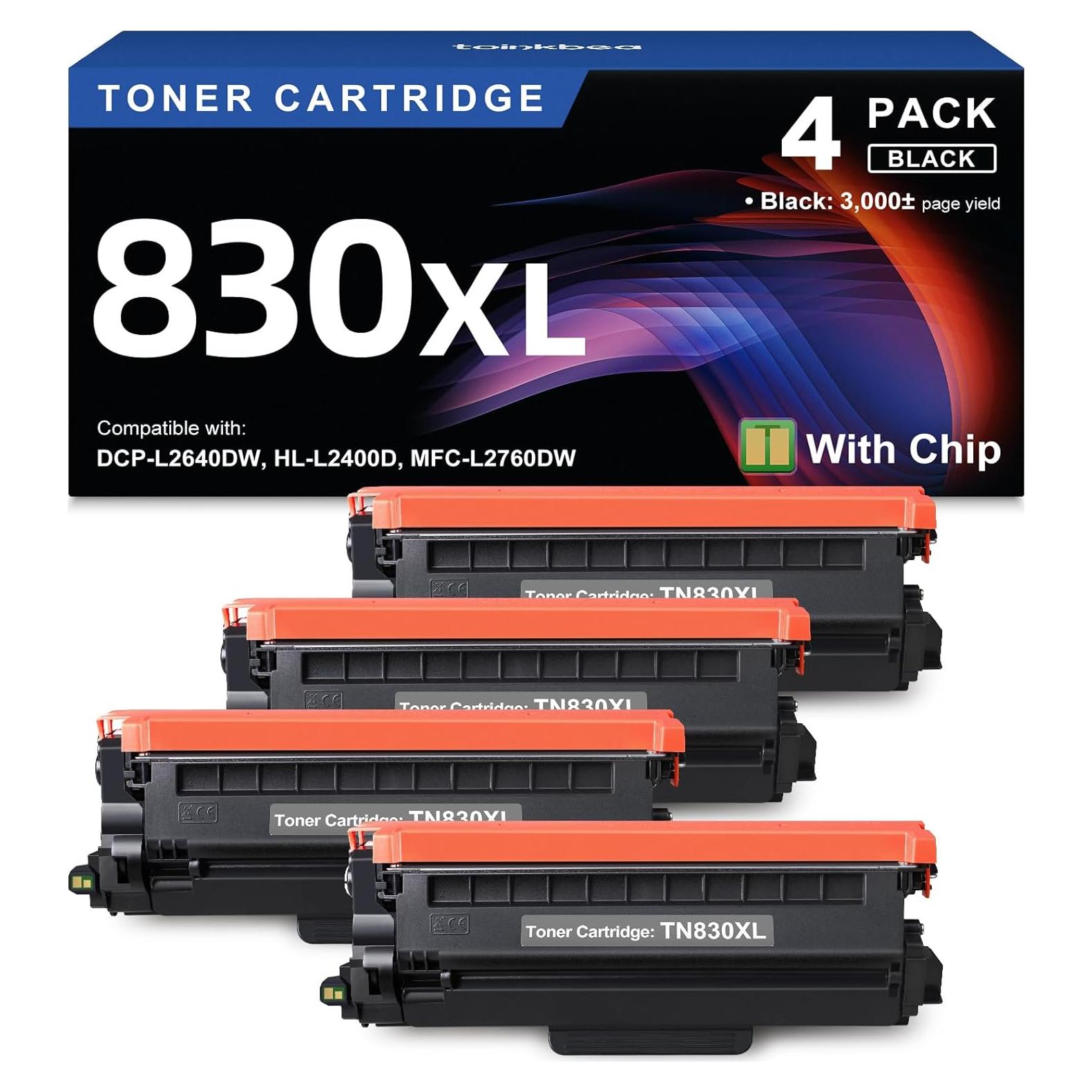TN830XL Black Toner Cartridge Ink for HL-L2460DW Printer Replacement for Brother TN830 XL TN830 TN-830 Toner Set for DCP-L2640DW HL-L2460DWXL HL-L2405W MFC-L2820DW MFC-L2820DWXL, 4PK (with Chip)