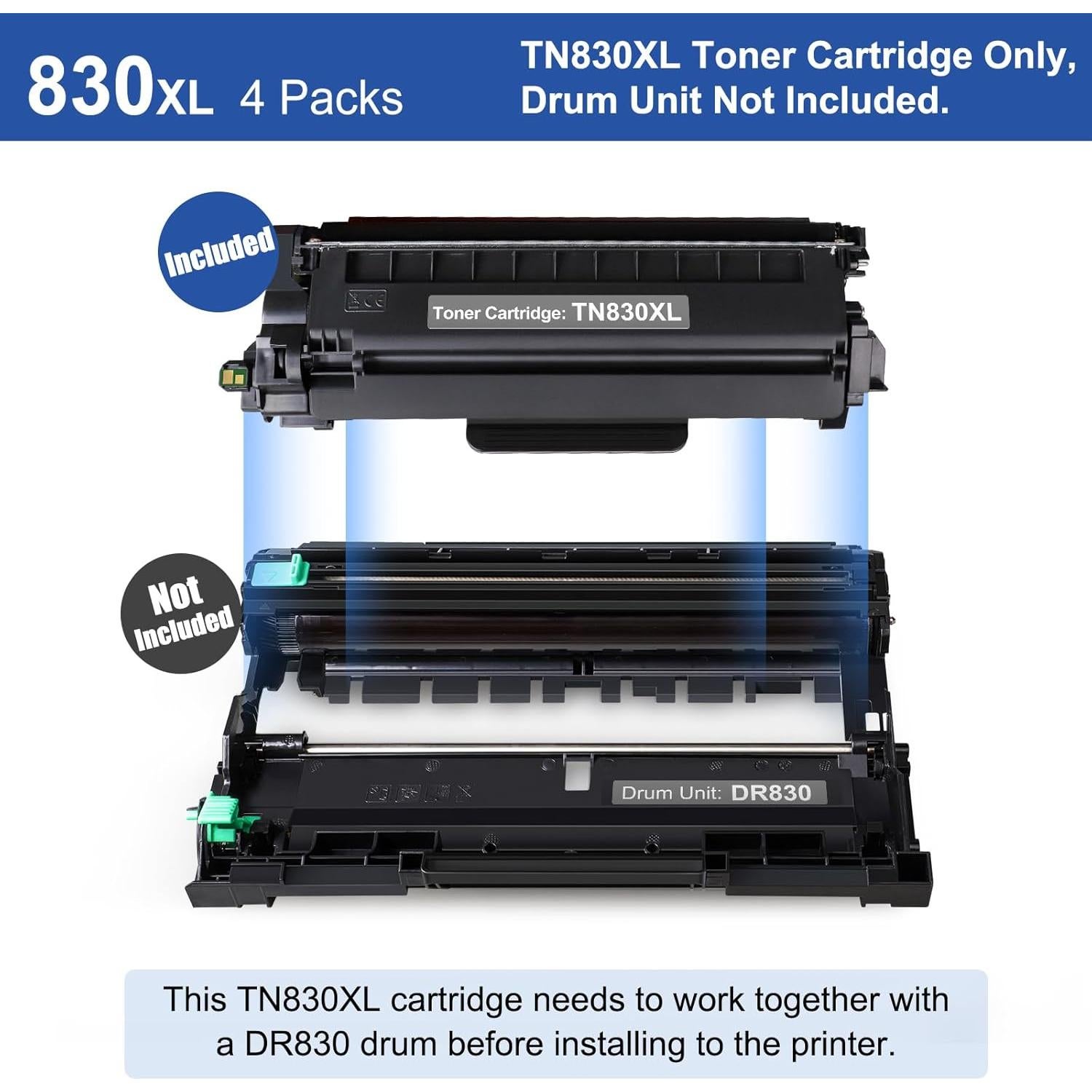 TN830XL Black Toner Cartridge Ink for HL-L2460DW Printer Replacement for Brother TN830 XL TN830 TN-830 Toner Set for DCP-L2640DW HL-L2460DWXL HL-L2405W MFC-L2820DW MFC-L2820DWXL, 4PK (with Chip)