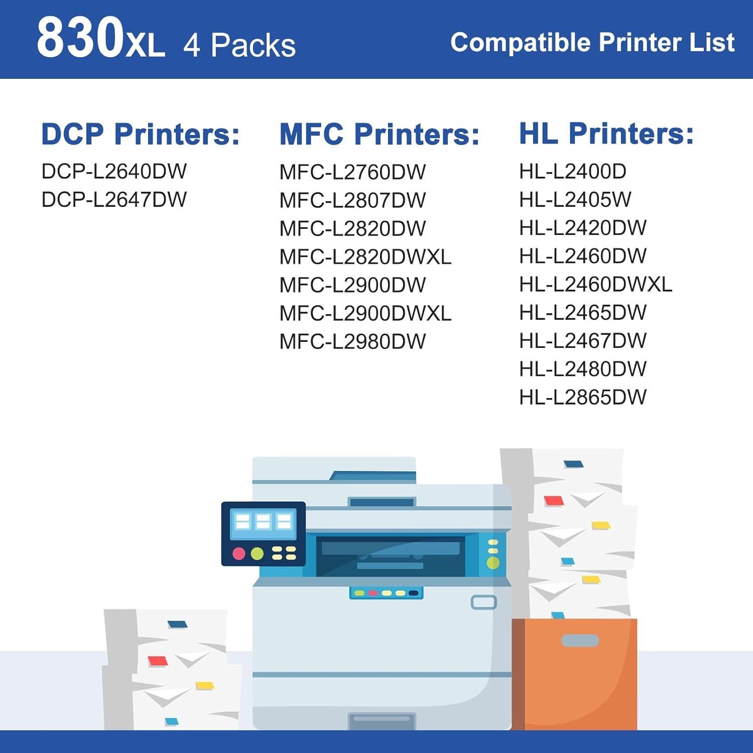TN830XL Black Toner Cartridge Ink for HL-L2460DW Printer Replacement for Brother TN830 XL TN830 TN-830 Toner Set for DCP-L2640DW HL-L2460DWXL HL-L2405W MFC-L2820DW MFC-L2820DWXL, 4PK (with Chip)