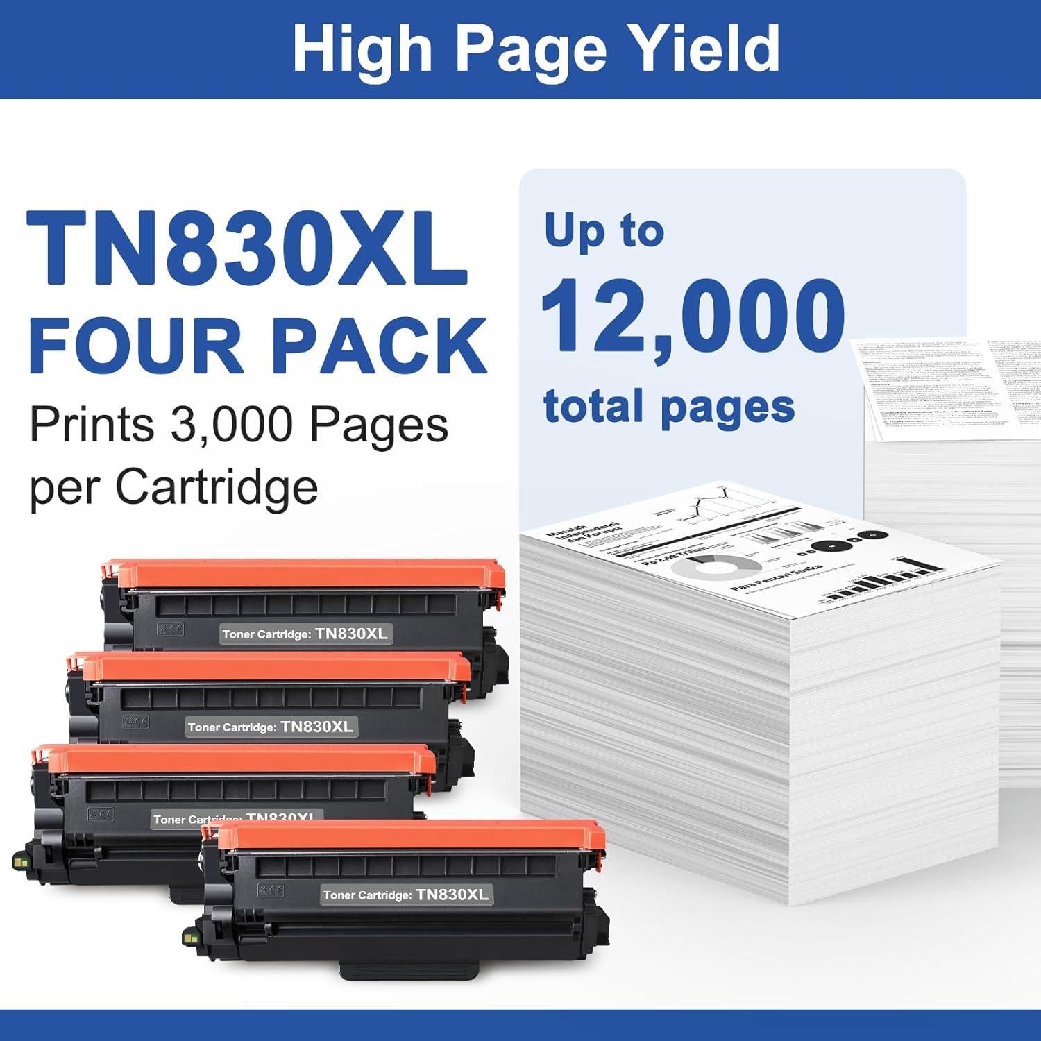 TN830XL Black Toner Cartridge Ink for HL-L2460DW Printer Replacement for Brother TN830 XL TN830 TN-830 Toner Set for DCP-L2640DW HL-L2460DWXL HL-L2405W MFC-L2820DW MFC-L2820DWXL, 4PK (with Chip)