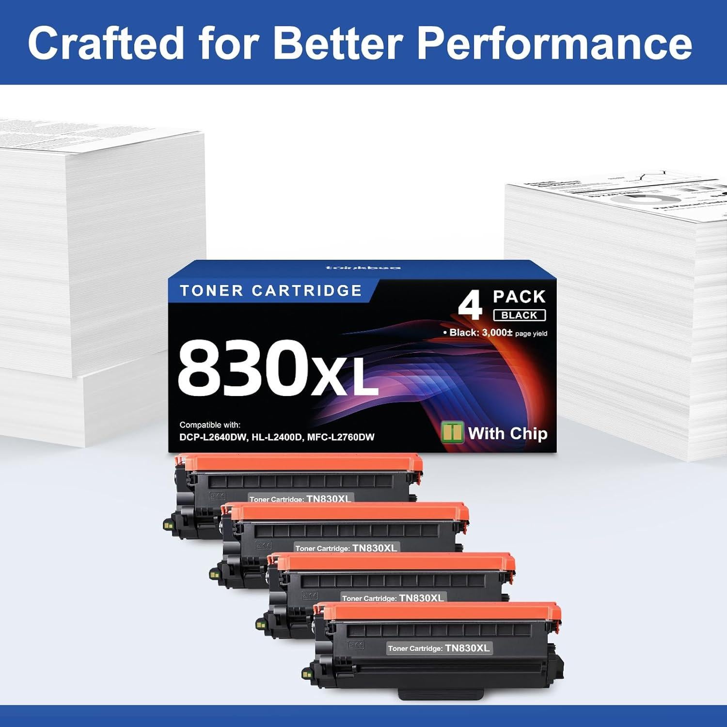 TN830XL Black Toner Cartridge Ink for HL-L2460DW Printer Replacement for Brother TN830 XL TN830 TN-830 Toner Set for DCP-L2640DW HL-L2460DWXL HL-L2405W MFC-L2820DW MFC-L2820DWXL, 4PK (with Chip)