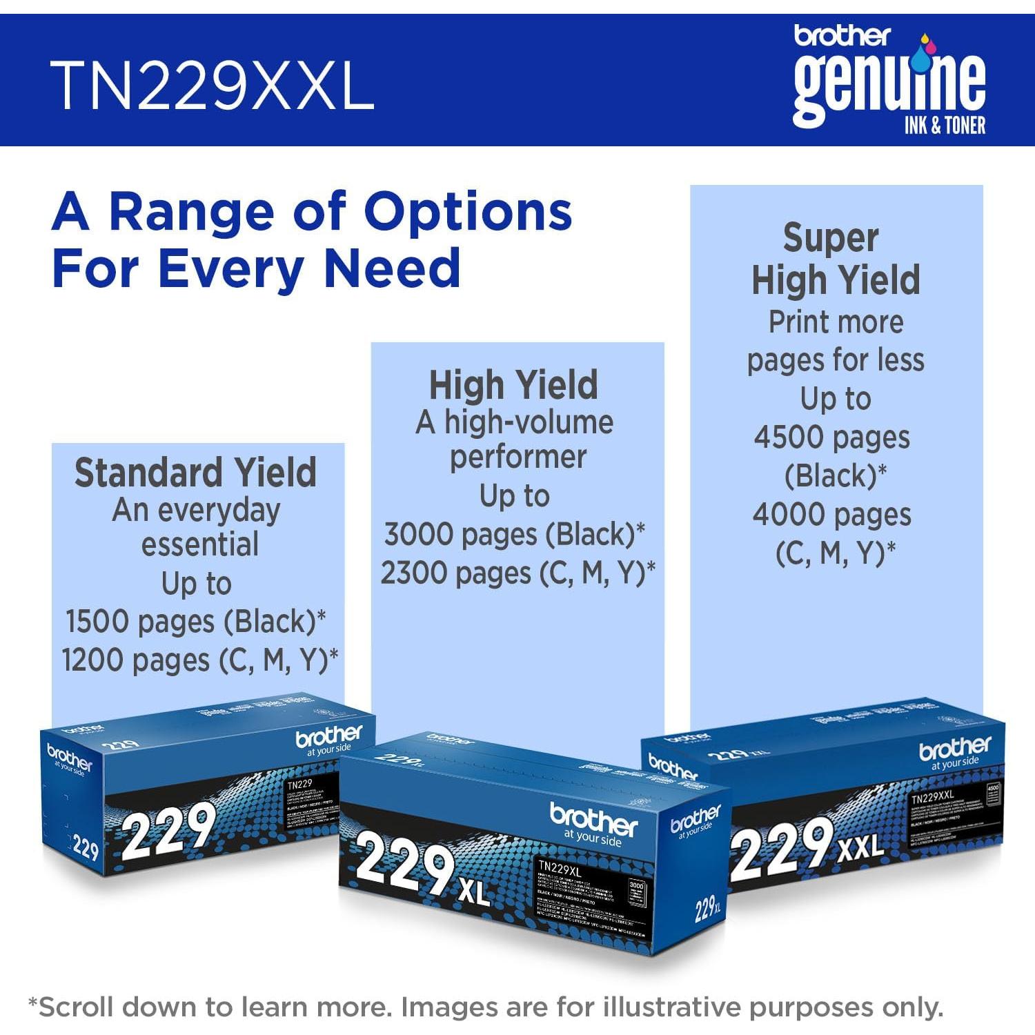 Brother Genuine TN229XXLBK Black Super High Yield Printer Toner Cartridge - Print up to 4,500 Pages(1), Compatible with HL-L3295CDW, HL-L8245CDW, MFC-L3780CDW, and MFC-L8395CDW Printers