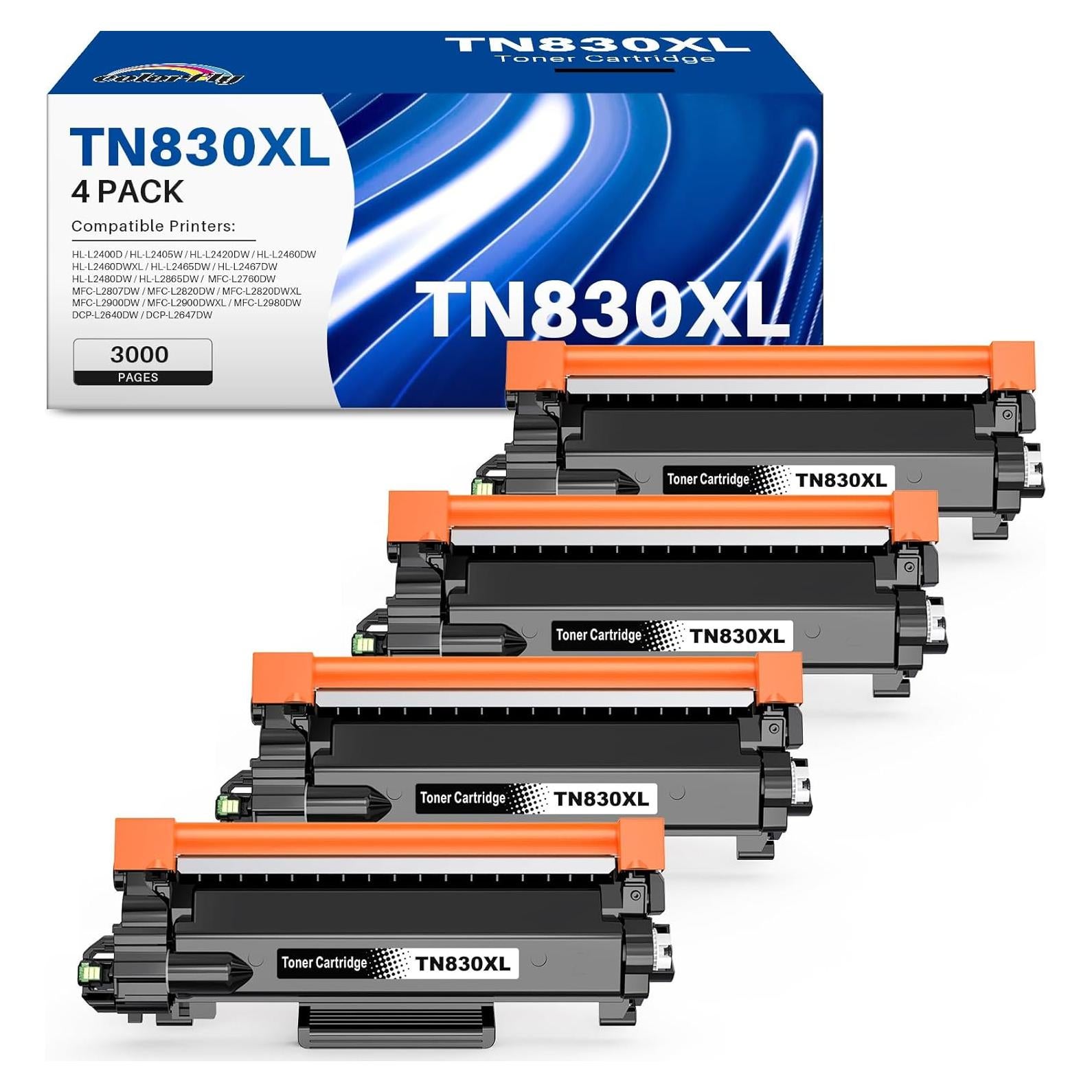 Compatible TN830XL Black Toner 4 Pack Replacement for Brother TN830XL TN-830 TN830 XL High Yield Toner Cartridge Use for HL-L2460DW DCP-L2640DW MFC-L2820DW MFC-L2900DW HL-L2480DW HL-L2400D HL-L2405W