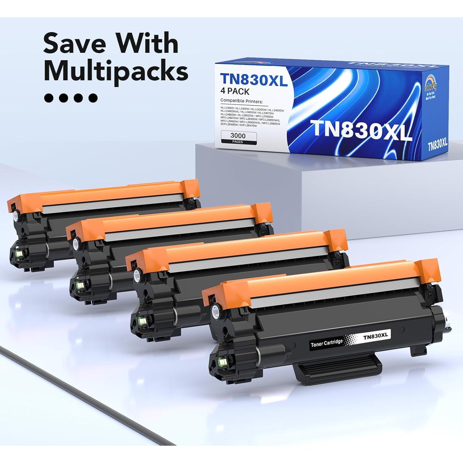 Compatible TN830XL Black Toner 4 Pack Replacement for Brother TN830XL TN-830 TN830 XL High Yield Toner Cartridge Use for HL-L2460DW DCP-L2640DW MFC-L2820DW MFC-L2900DW HL-L2480DW HL-L2400D HL-L2405W