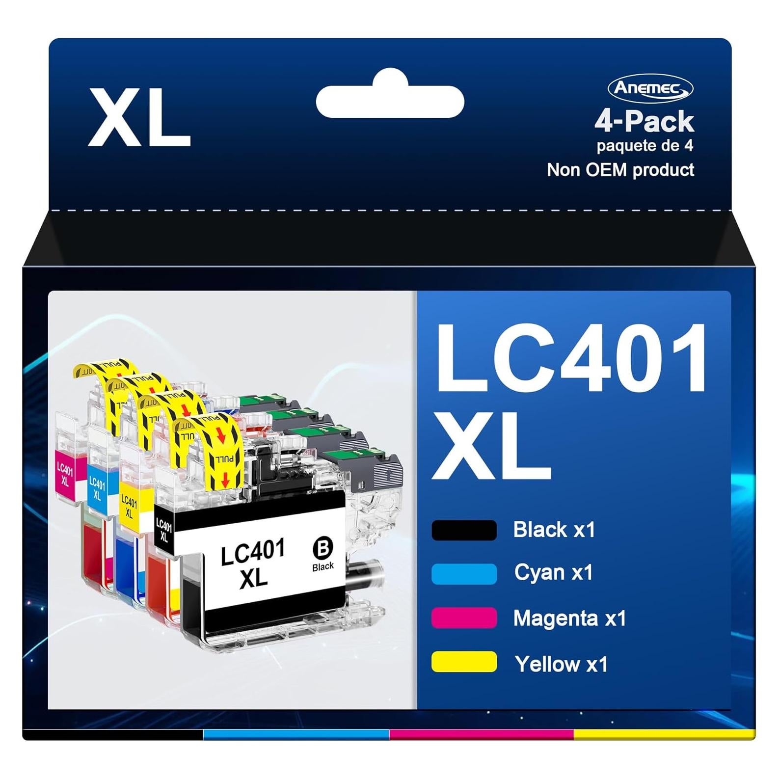 LC401XL Ink Cartridges for Brother Printer High Yield Replacement for Brother LC401 XL Ink Cartridges Work with MFC-J1010DW MFC-J1012DW MFC-J1170DW Printer (4 Pack，Black Cyan Magenta Yellow)