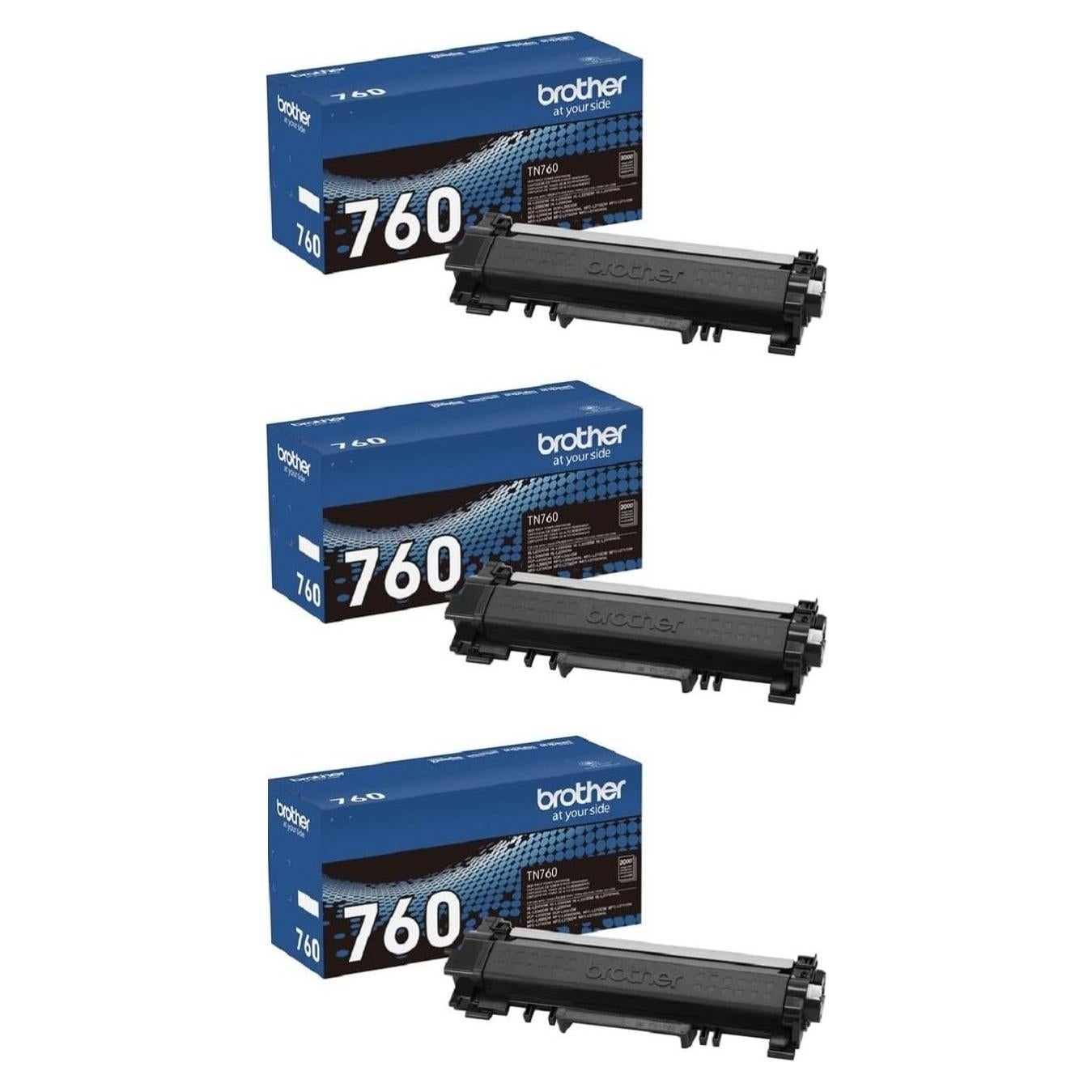 Brother Genuine TN760 3-Pack High Yield Black Toner Cartridge with approximately 3,000 page yield/cartridge