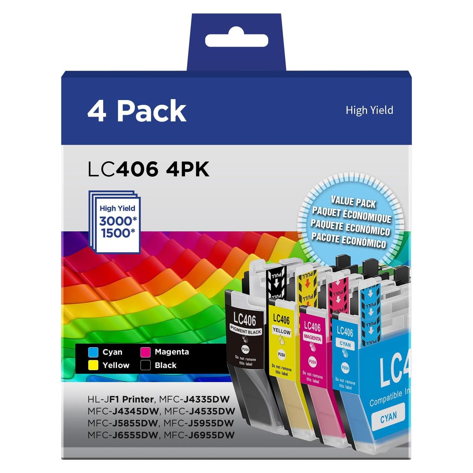 Cartuchos de tinta compatibles Brother LC406 - 4 Paquete (Negro, Cian, Magenta, Amarillo)