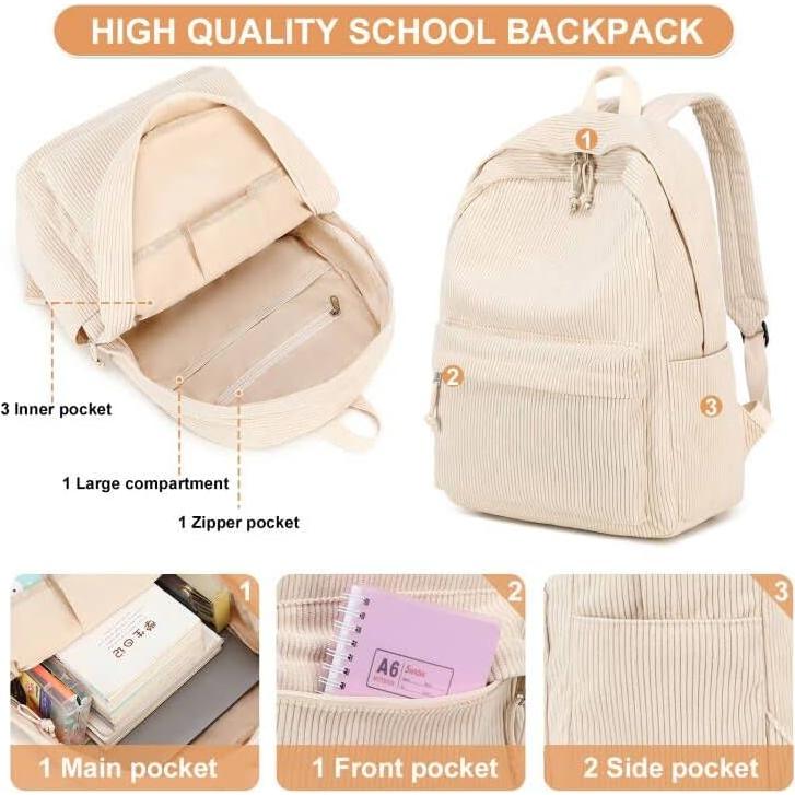 Mochila Escolar Grande Corduroy Beige 43x30x15 cm para Laptop