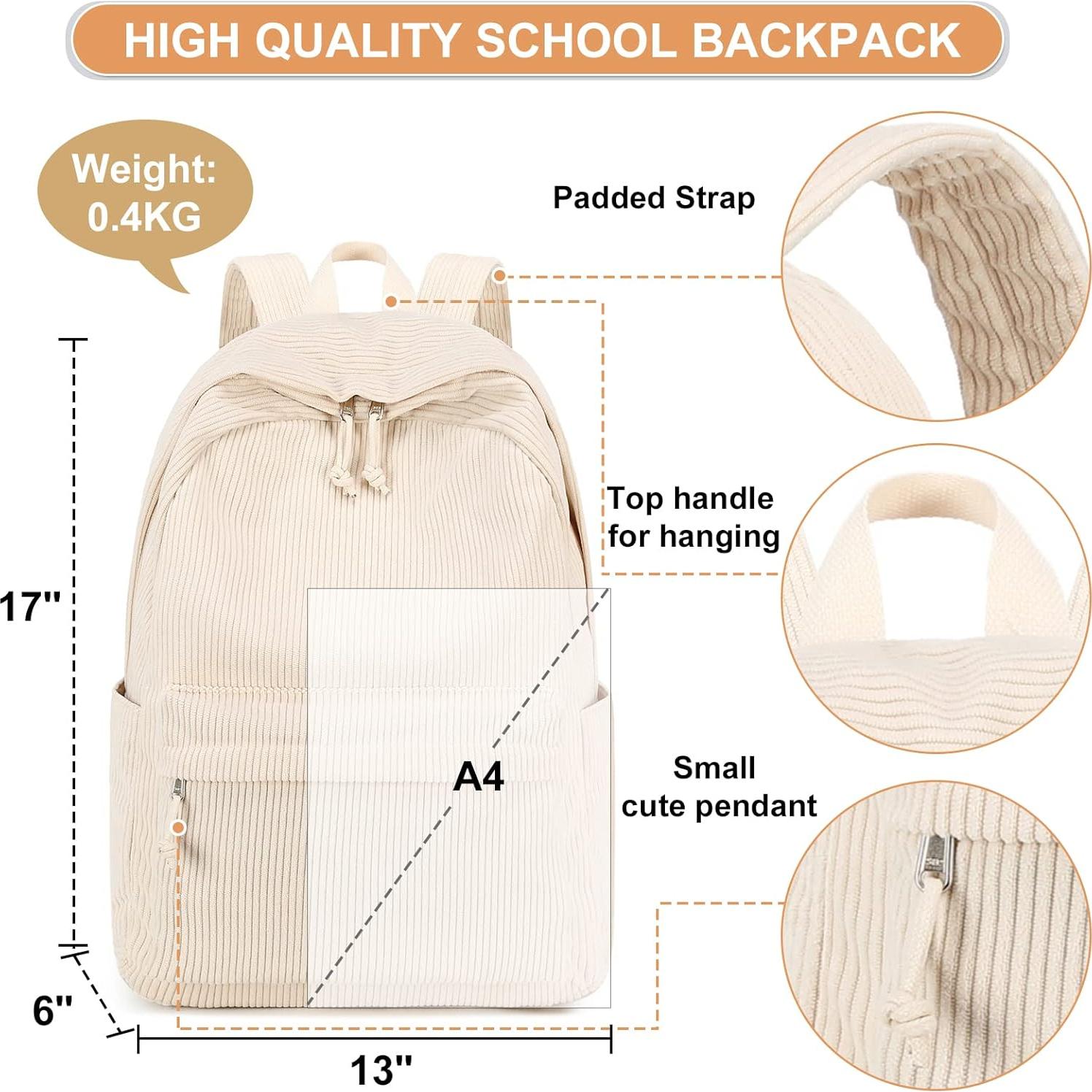 Mochila Escolar Grande Corduroy Beige 43x30x15 cm para Laptop