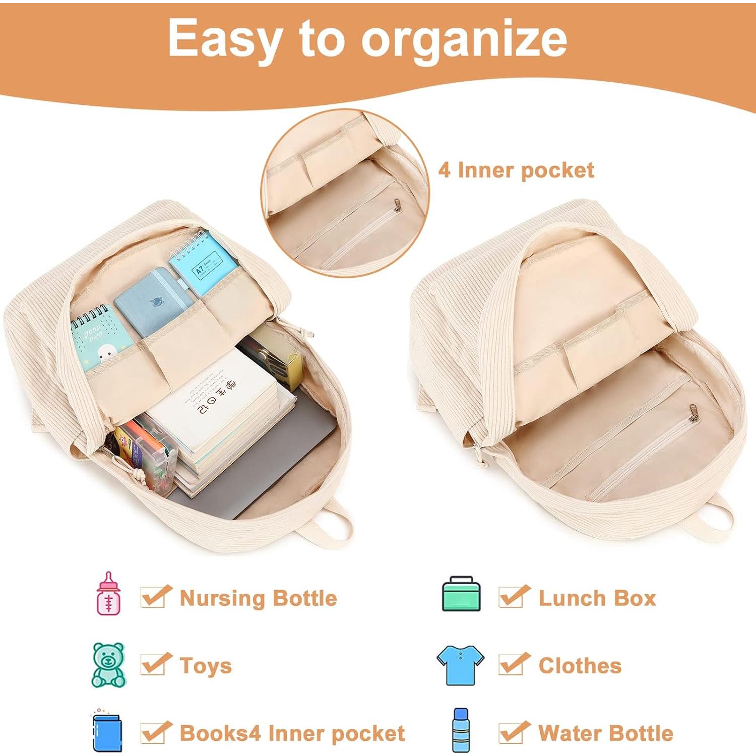 Mochila Escolar Grande Corduroy Beige 43x30x15 cm para Laptop