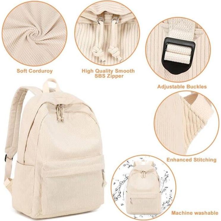 Mochila Escolar Grande Corduroy Beige 43x30x15 cm para Laptop