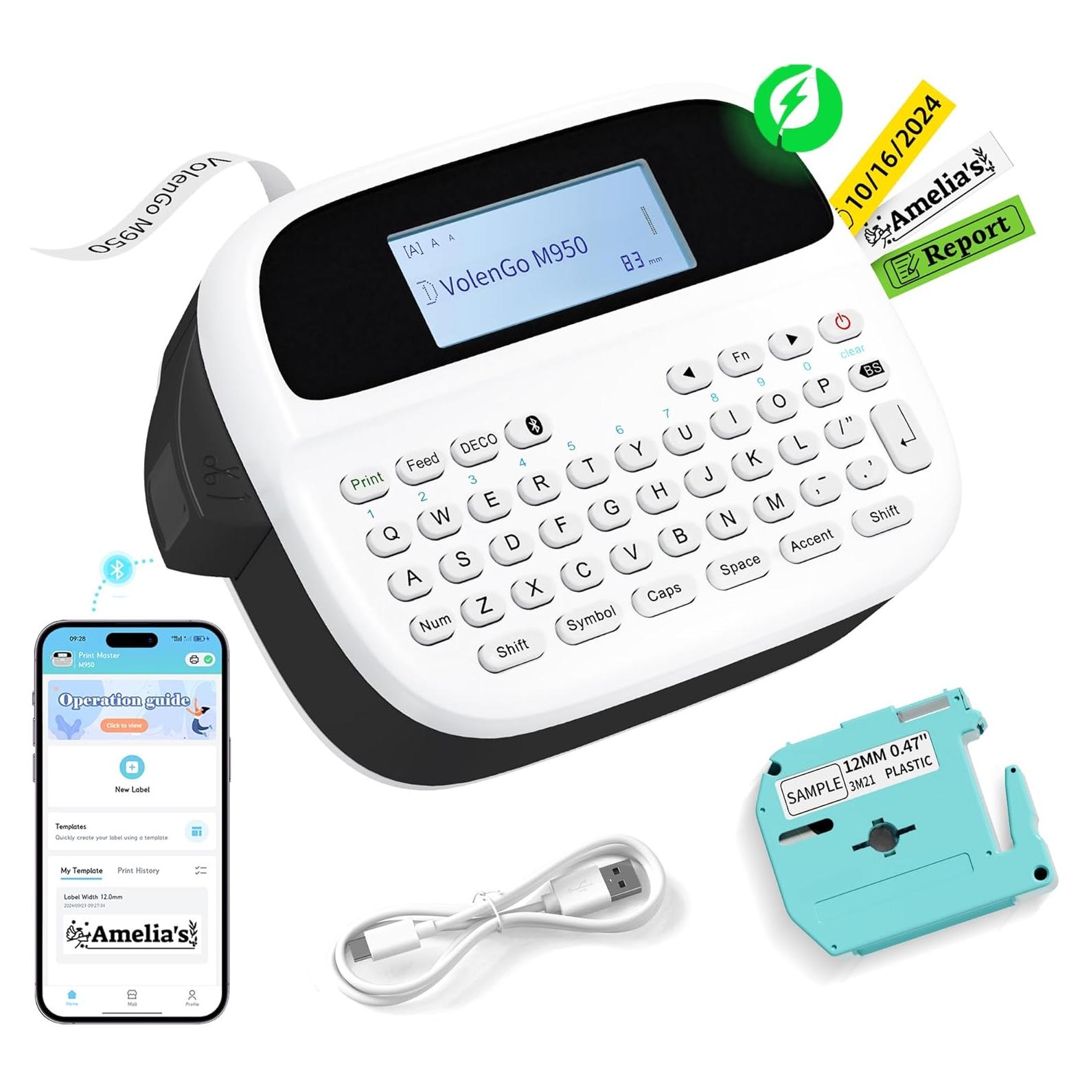 Label Maker Machine with-Tape, Label Maker Waterproof-labels, Rechargeable Backlit Portable Labeler, M950 12mm Bluetooth Label Printer for Home Organization and Storage, Office School Teacher Supplies