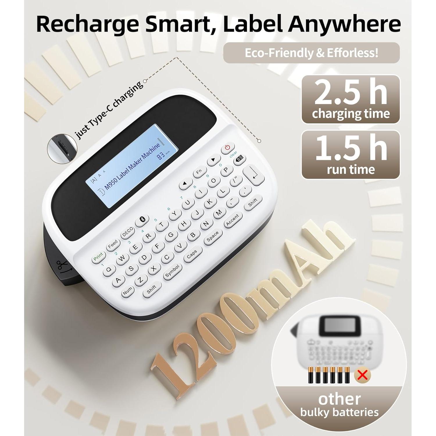 Label Maker Machine with-Tape, Label Maker Waterproof-labels, Rechargeable Backlit Portable Labeler, M950 12mm Bluetooth Label Printer for Home Organization and Storage, Office School Teacher Supplies