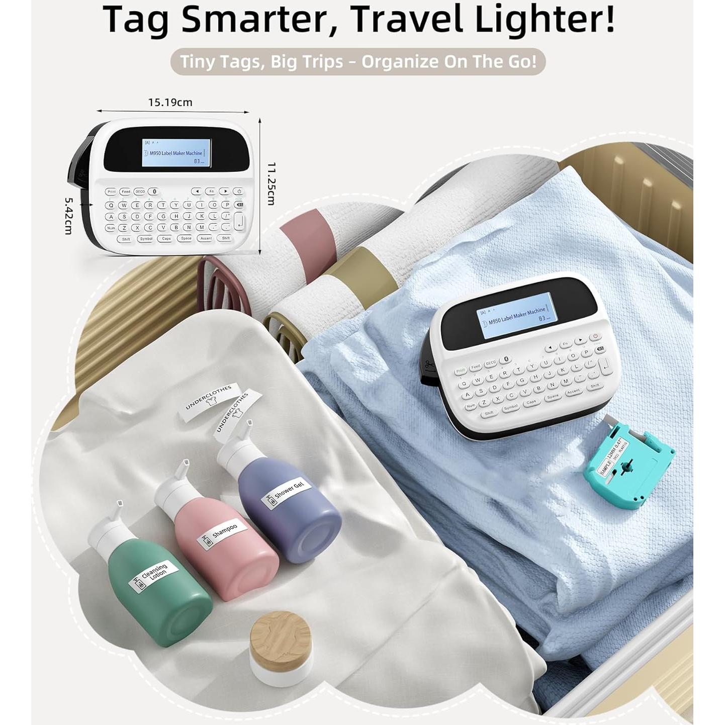 Label Maker Machine with-Tape, Label Maker Waterproof-labels, Rechargeable Backlit Portable Labeler, M950 12mm Bluetooth Label Printer for Home Organization and Storage, Office School Teacher Supplies