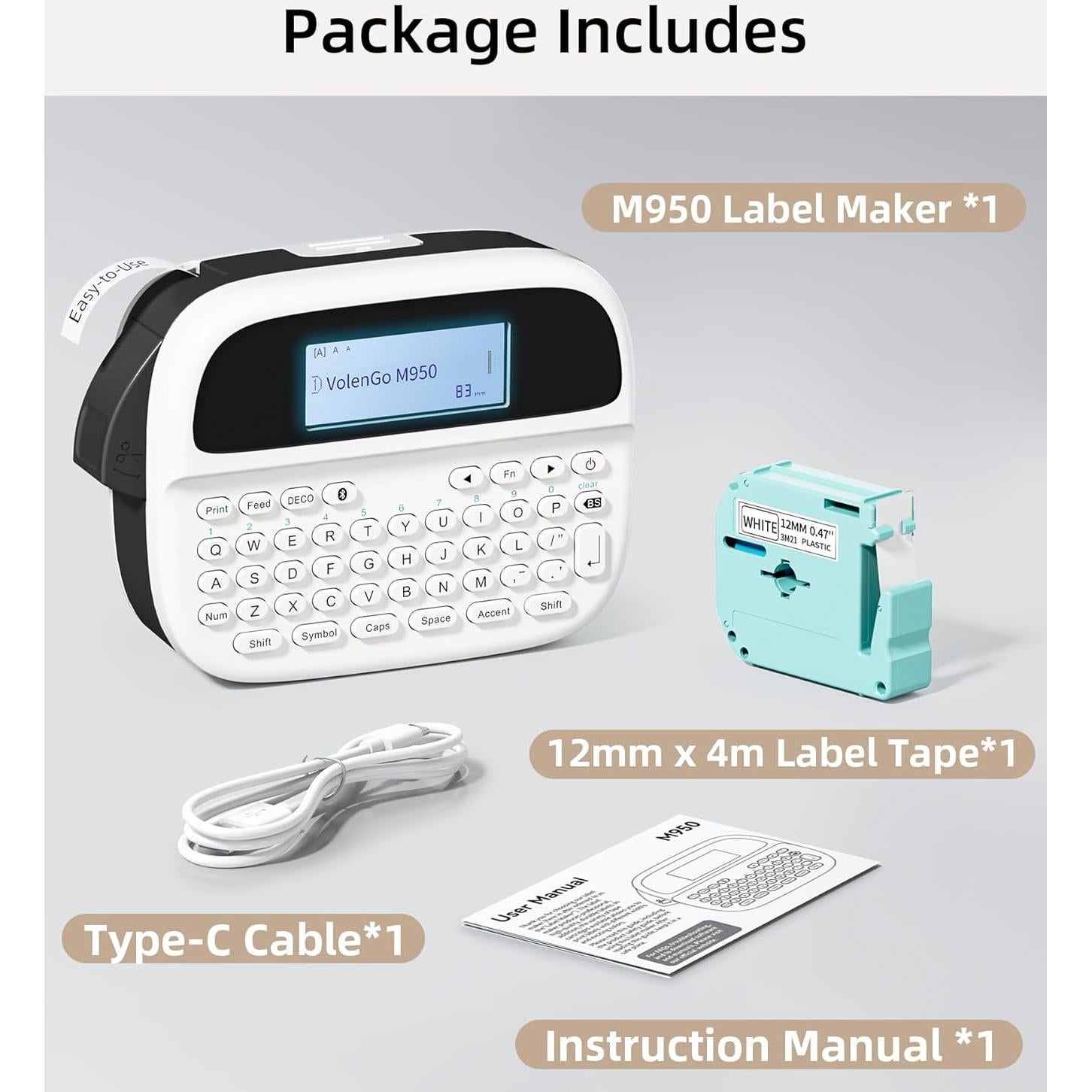 Label Maker Machine with-Tape, Label Maker Waterproof-labels, Rechargeable Backlit Portable Labeler, M950 12mm Bluetooth Label Printer for Home Organization and Storage, Office School Teacher Supplies