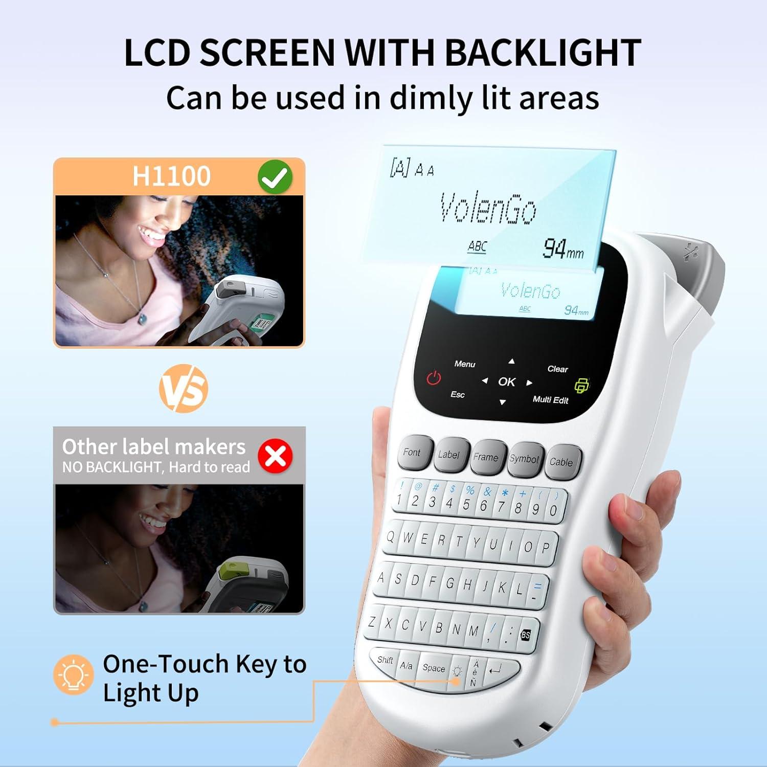 Máquina de Etiquetas VolenGo H1100 Portátil 12mm LCD Retroiluminada
