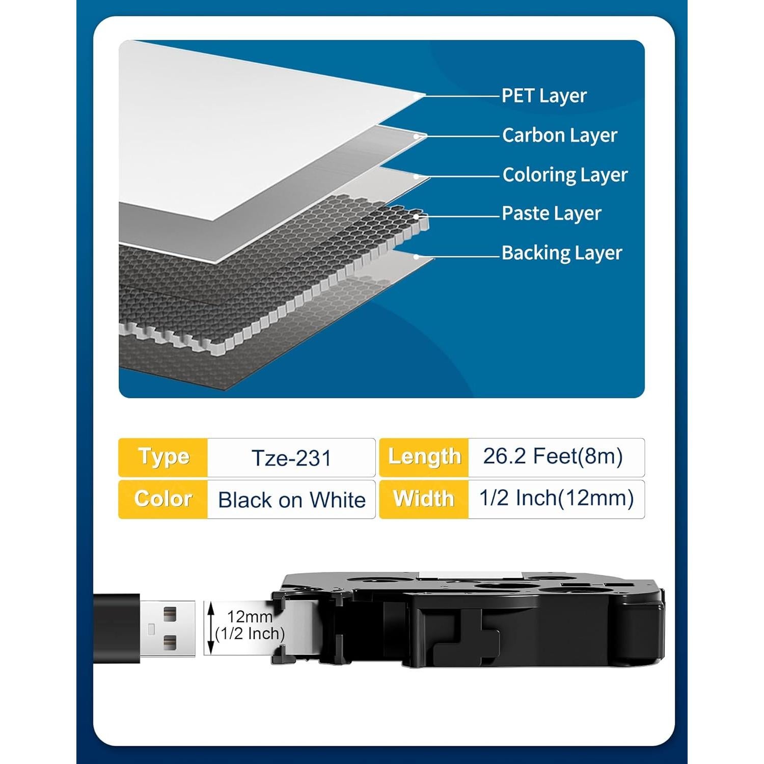 Cintas de Etiquetadora Brother P-Touch 12mm Pillex AZE-231