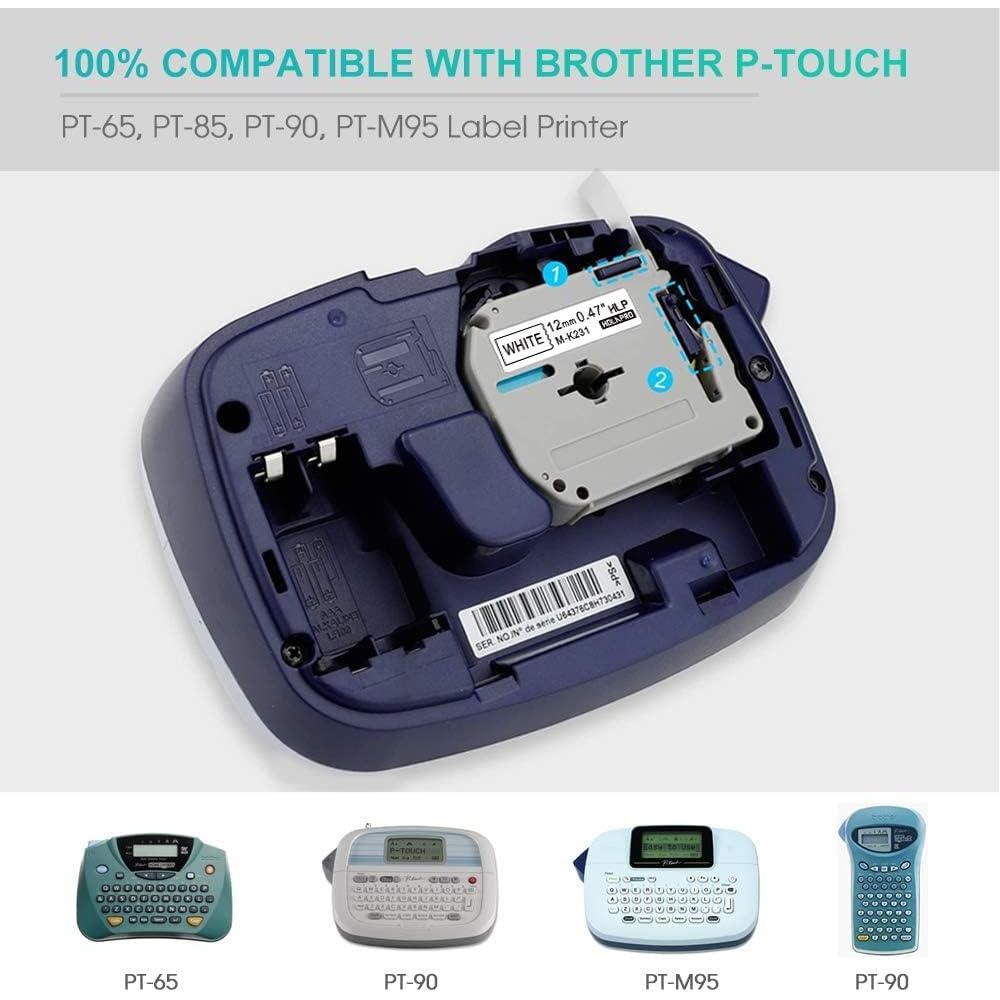 4 Cintas de Reemplazo Brother P Touch M-K231 12mm Negro sobre Blanco