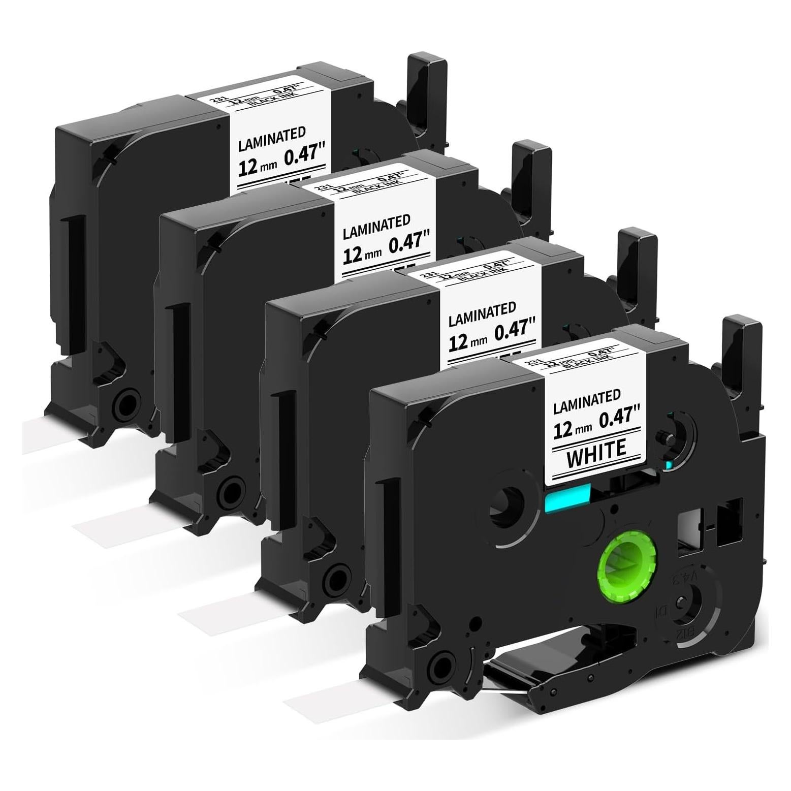 Tz Tape 12mm 0.47 Inch Laminated Black on White Replace for Brother P-Touch Label Tape TZe-231 Label Maker Refills TZe TZ-231 for Ptouch PT-D210 D200 H110 D220 H103w D410, 12 mm x 8m, 4-Pack