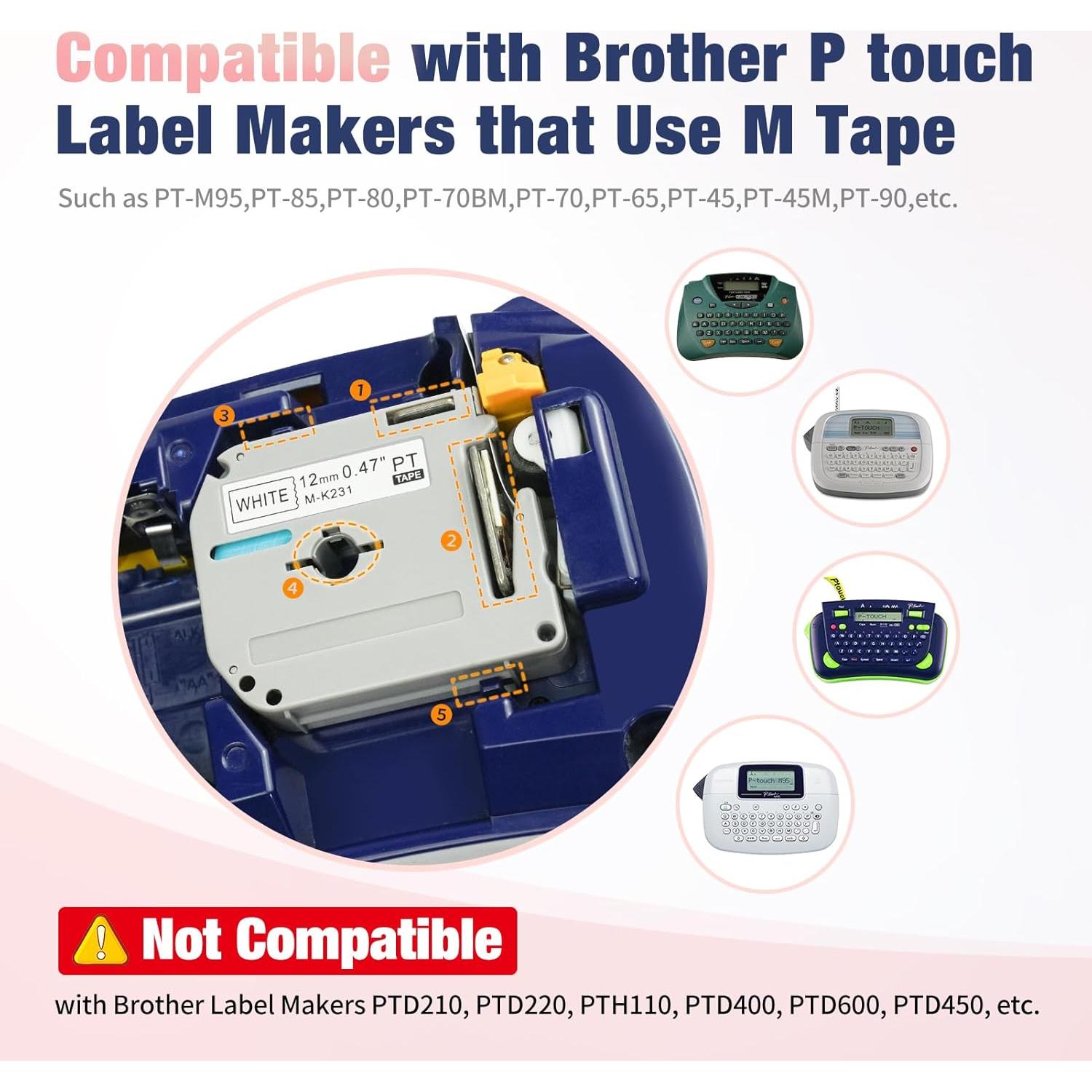 5 Cintas de Etiqueta RASSURT M-K231 12mm Negro sobre Blanco