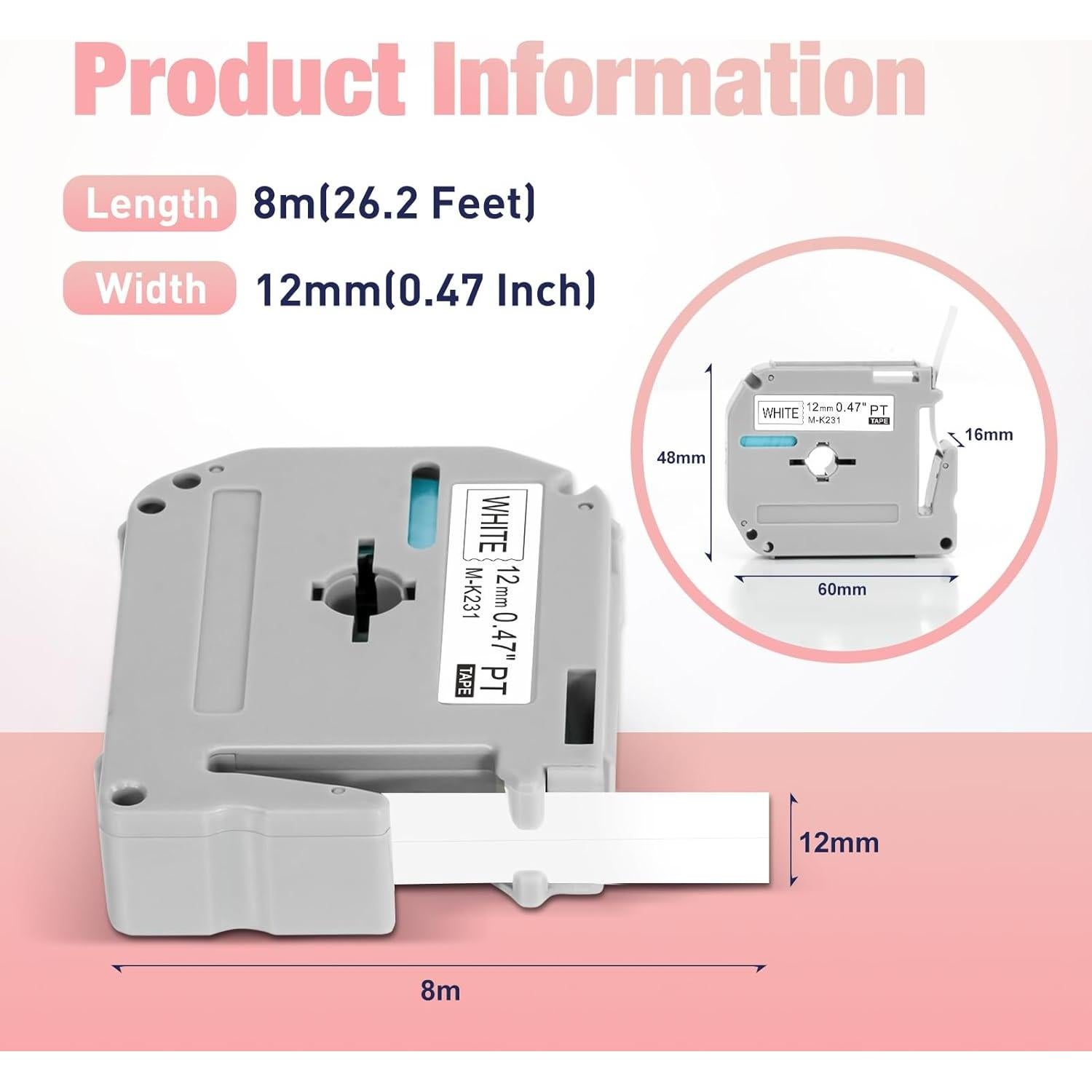 5 Cintas de Etiqueta RASSURT M-K231 12mm Negro sobre Blanco