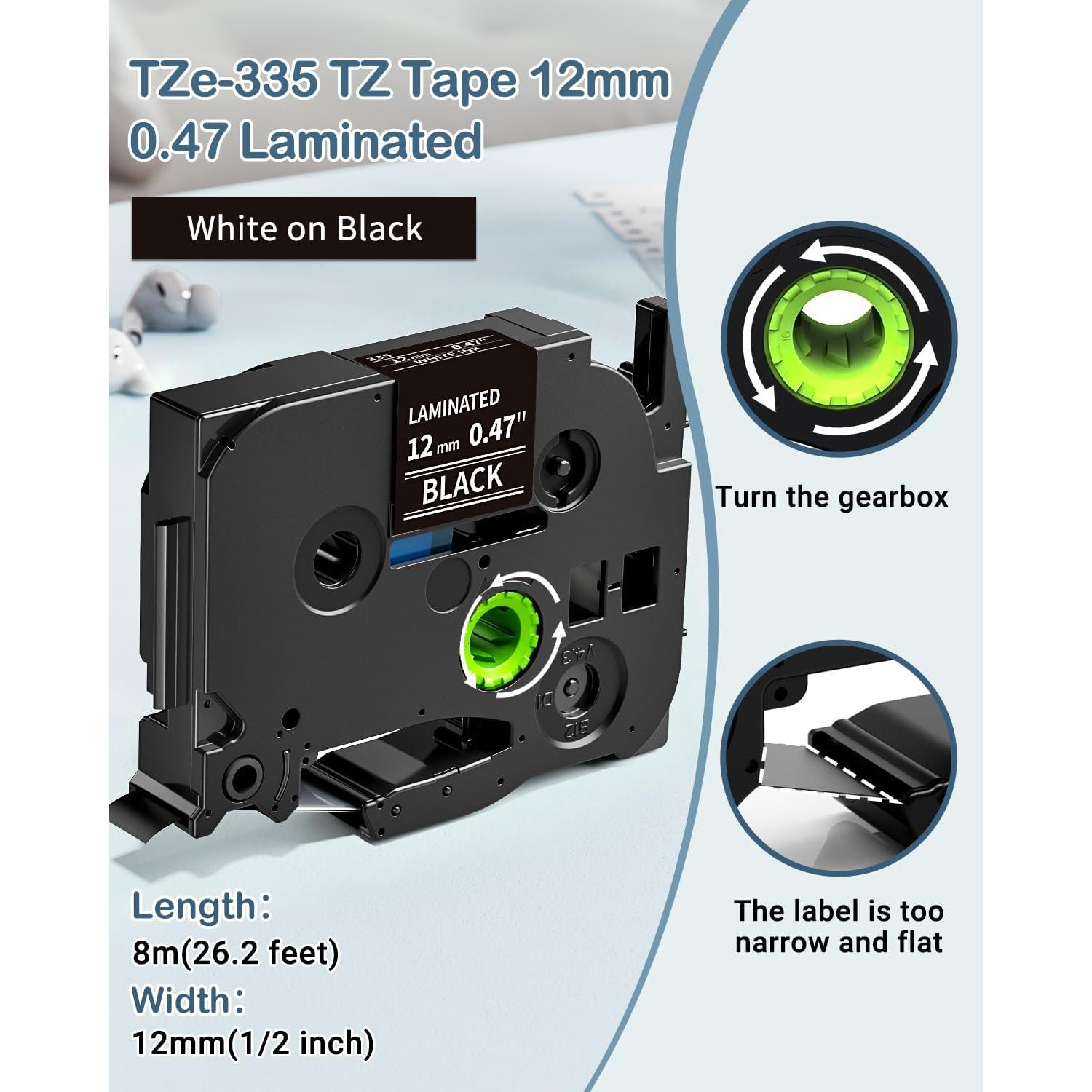 Cinta de Etiquetas MarkDomain TZe-335 12mm Blanca sobre Negra - Paquete de 5