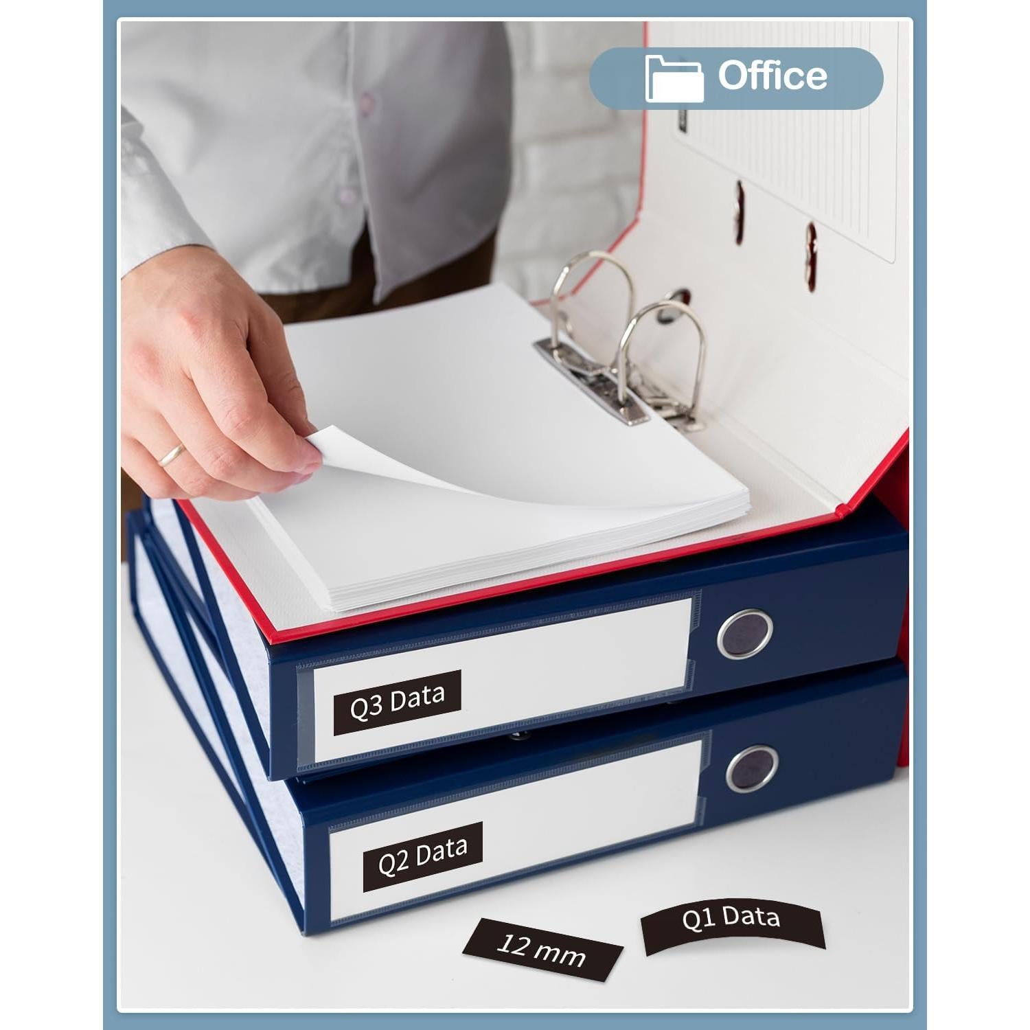 Cinta de Etiquetas MarkDomain TZe-335 12mm Blanca sobre Negra - Paquete de 5