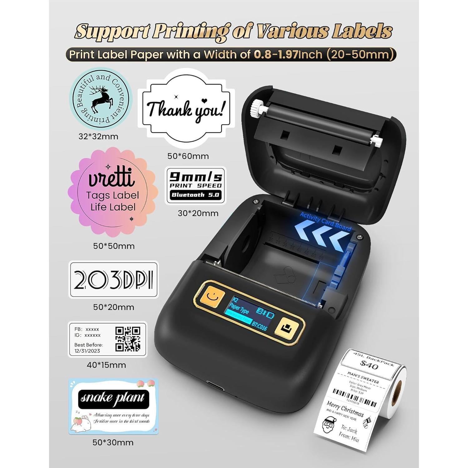 Impresora de Etiquetas Térmica Vretti K2 Bluetooth 2" Negra