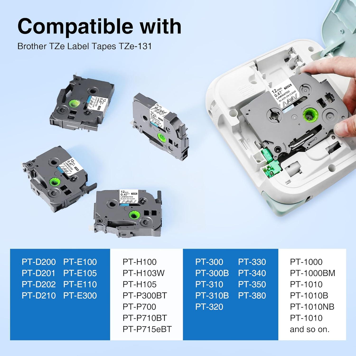 Cinta de Etiqueta Laminada Kappiek TZe-131 12mm Negra sobre Transparente - 4 Paquetes