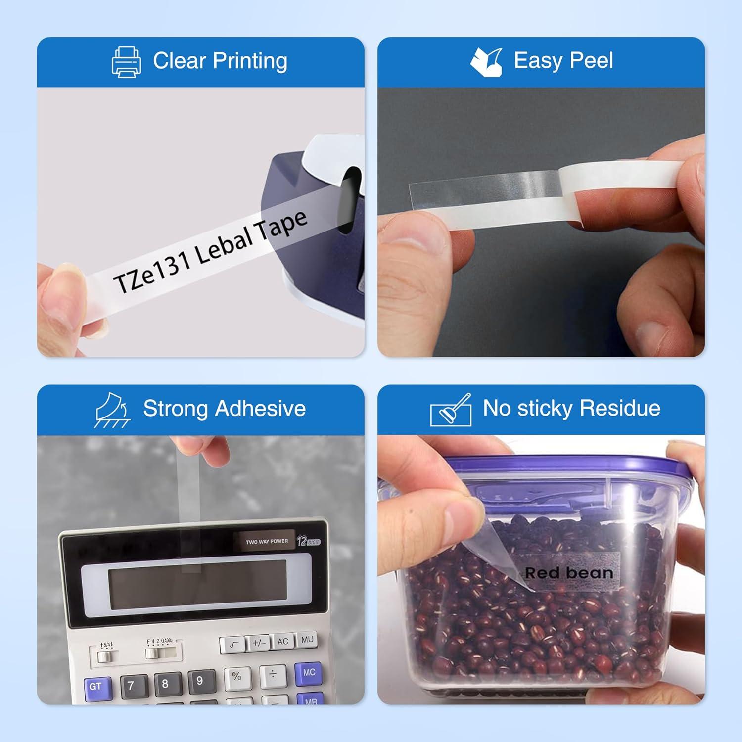 Cinta de Etiqueta Laminada Kappiek TZe-131 12mm Negra sobre Transparente - 4 Paquetes