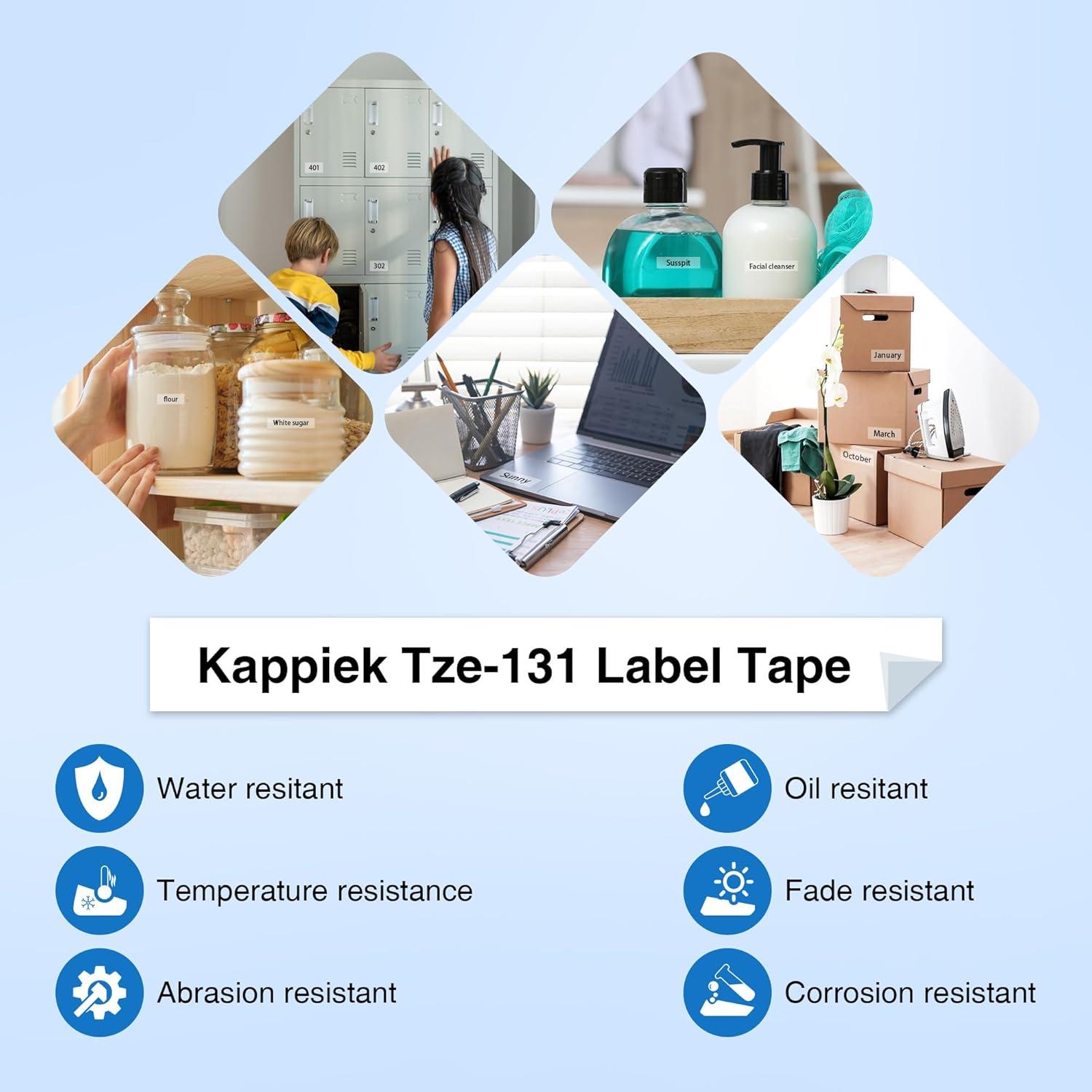 Cinta de Etiqueta Laminada Kappiek TZe-131 12mm Negra sobre Transparente - 4 Paquetes