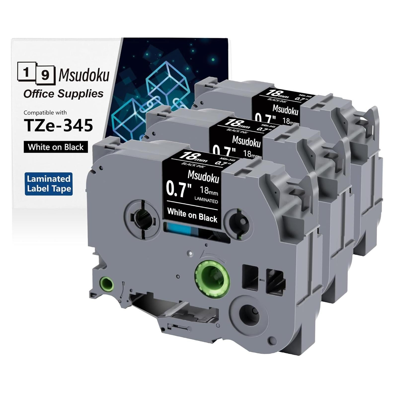 Cinta de Etiquetas Laminada Msudoku TZe-345 18mm Blanca sobre Negra