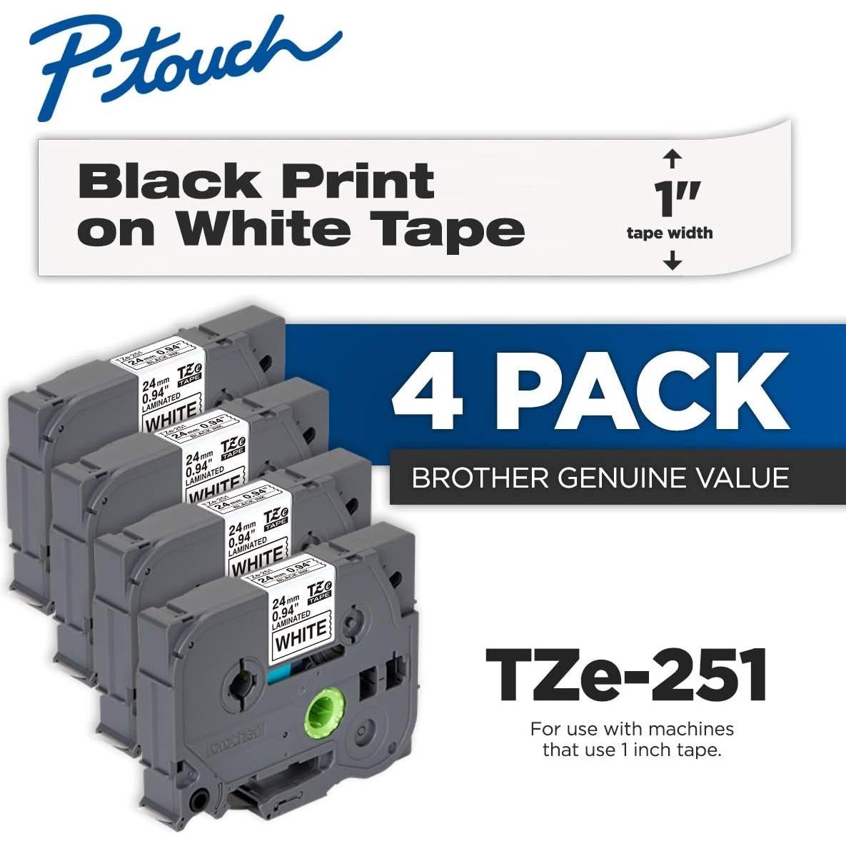 Cinta Laminada Brother TZe-251 4-Pack 24mm Negro sobre Blanco